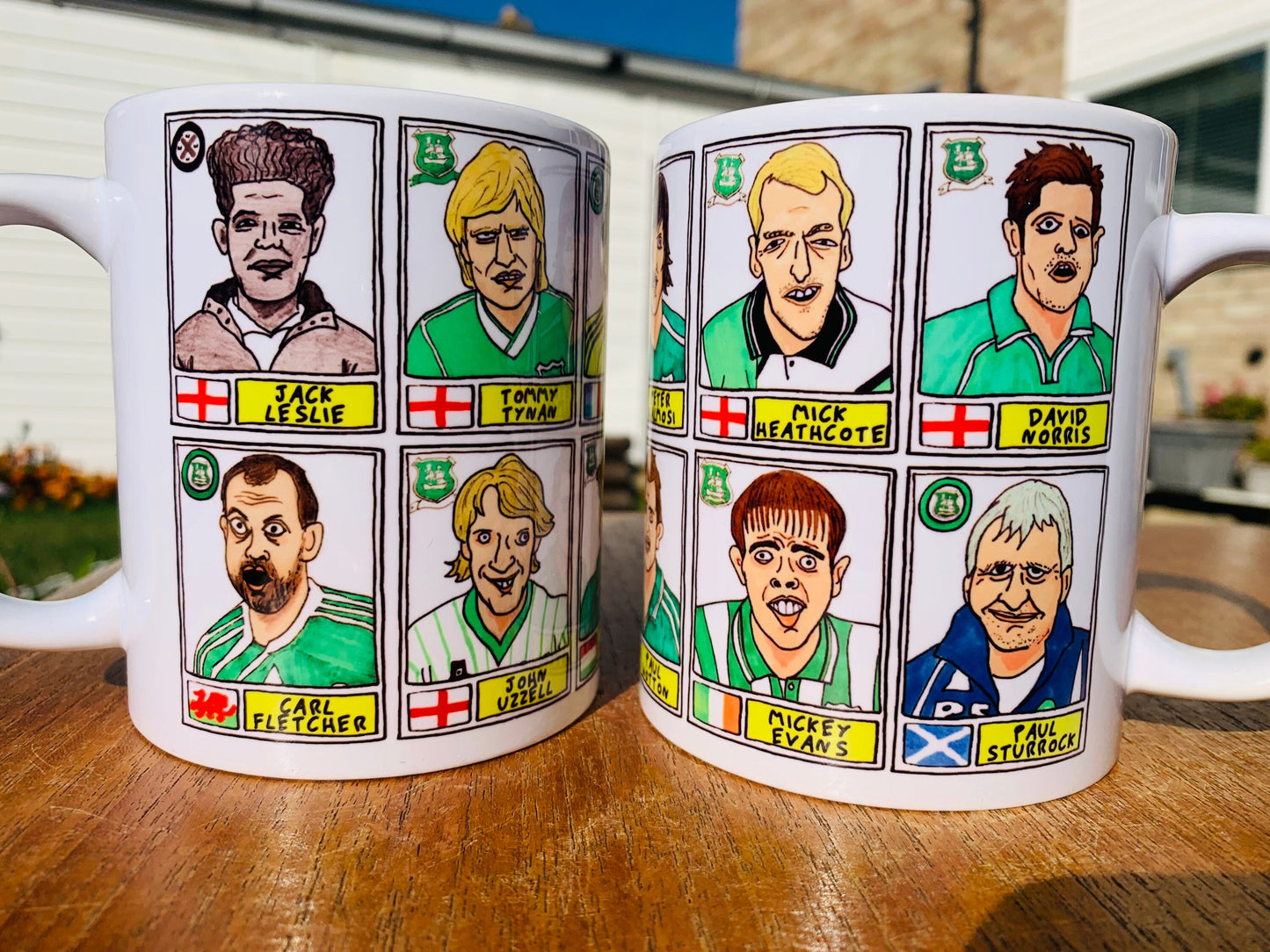 Plymouth Argyle No Score Draws Mug Set - Set of TWO 11oz Ceramic Mugs with Wonky Panini sticker-style PAFC Pilgrims No Score Draws Doodles