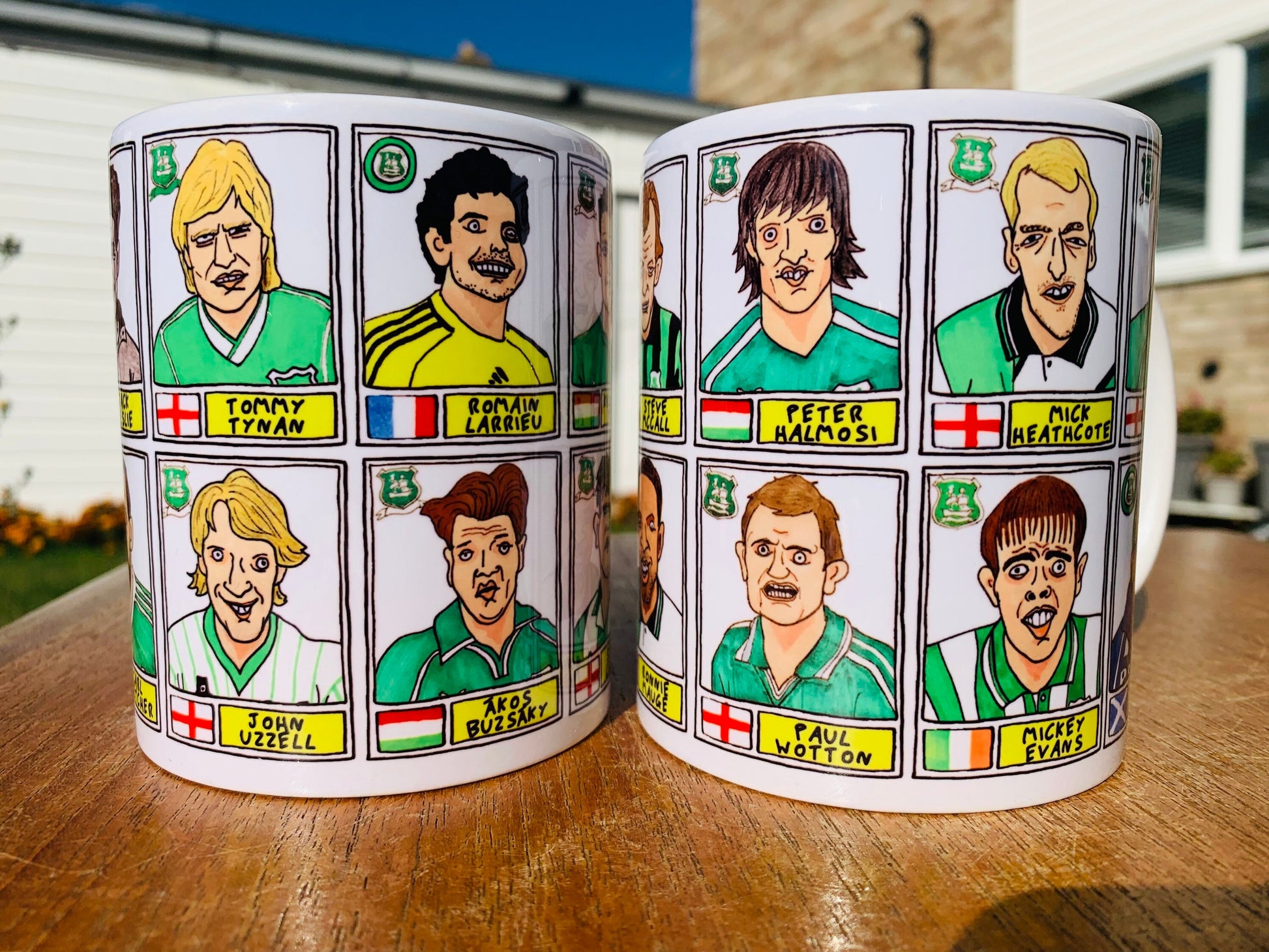 Plymouth Argyle No Score Draws Mug Set - Set of TWO 11oz Ceramic Mugs with Wonky Panini sticker-style PAFC Pilgrims No Score Draws Doodles