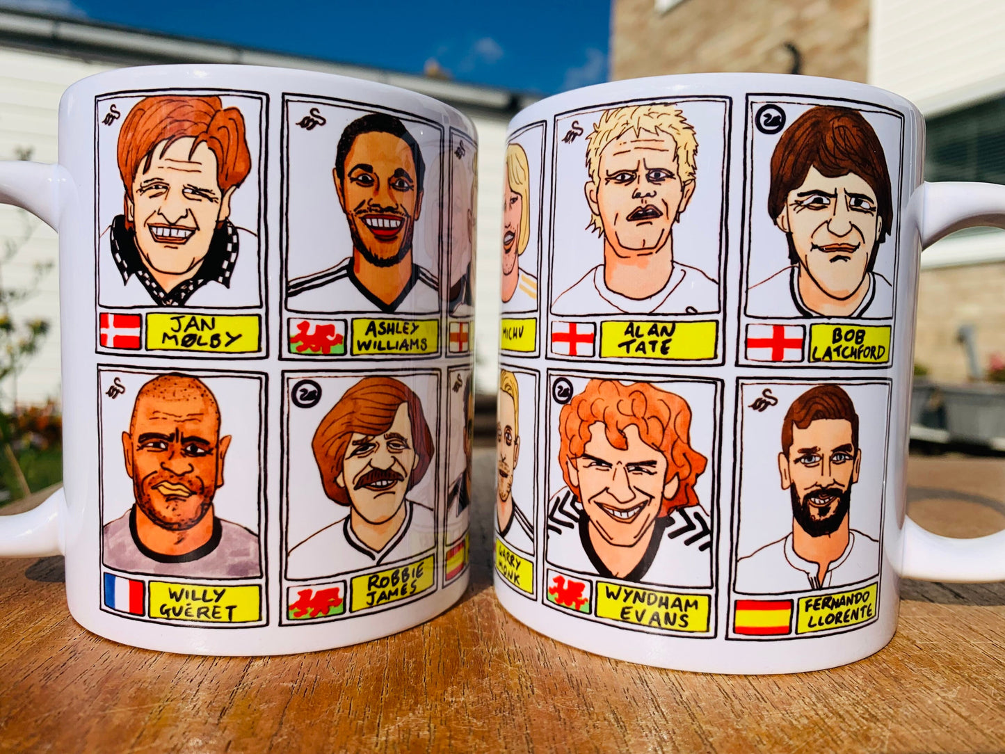 Swansea City No Score Draws Mug Set - Set of TWO 11oz Ceramic Mugs with Wonky Panini sticker-style No Score Draws Doodles of 24 Swans icons