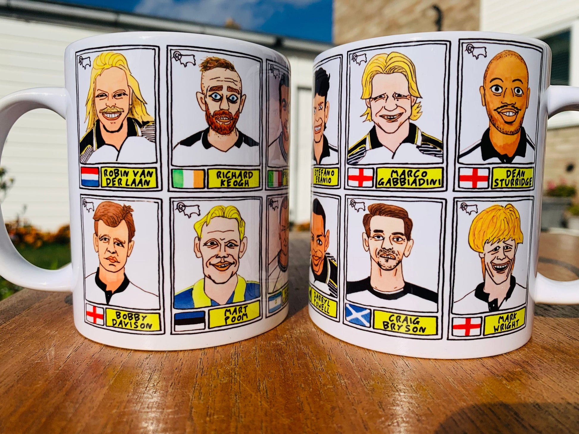 Derby County Mug Set - Set of TWO 11oz Ceramic Mugs with Wonky Panini sticker-style No Score Draws Doodles of 24 badly-drawn Rams icons