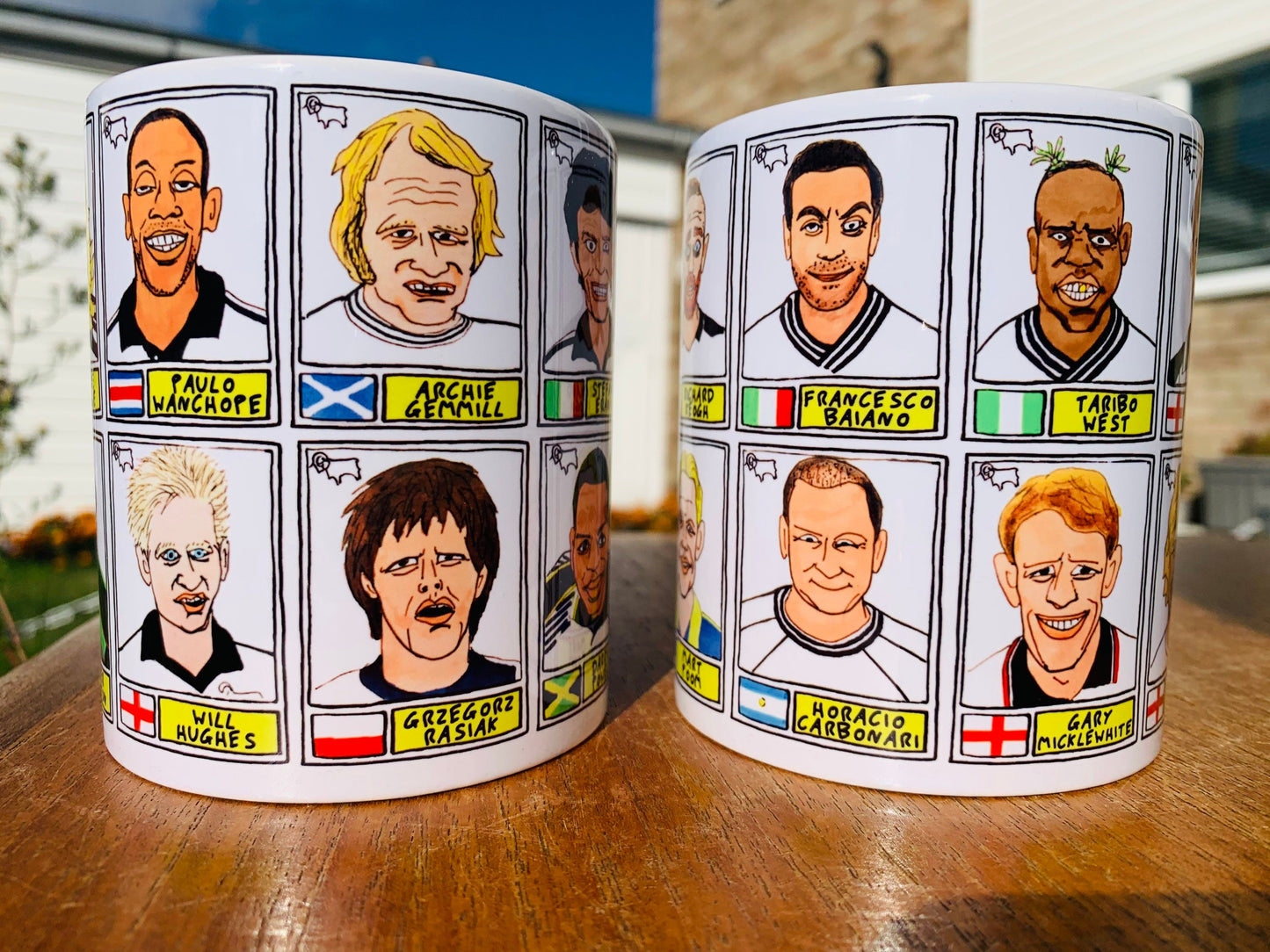 Derby County Mug Set - Set of TWO 11oz Ceramic Mugs with Wonky Panini sticker-style No Score Draws Doodles of 24 badly-drawn Rams icons