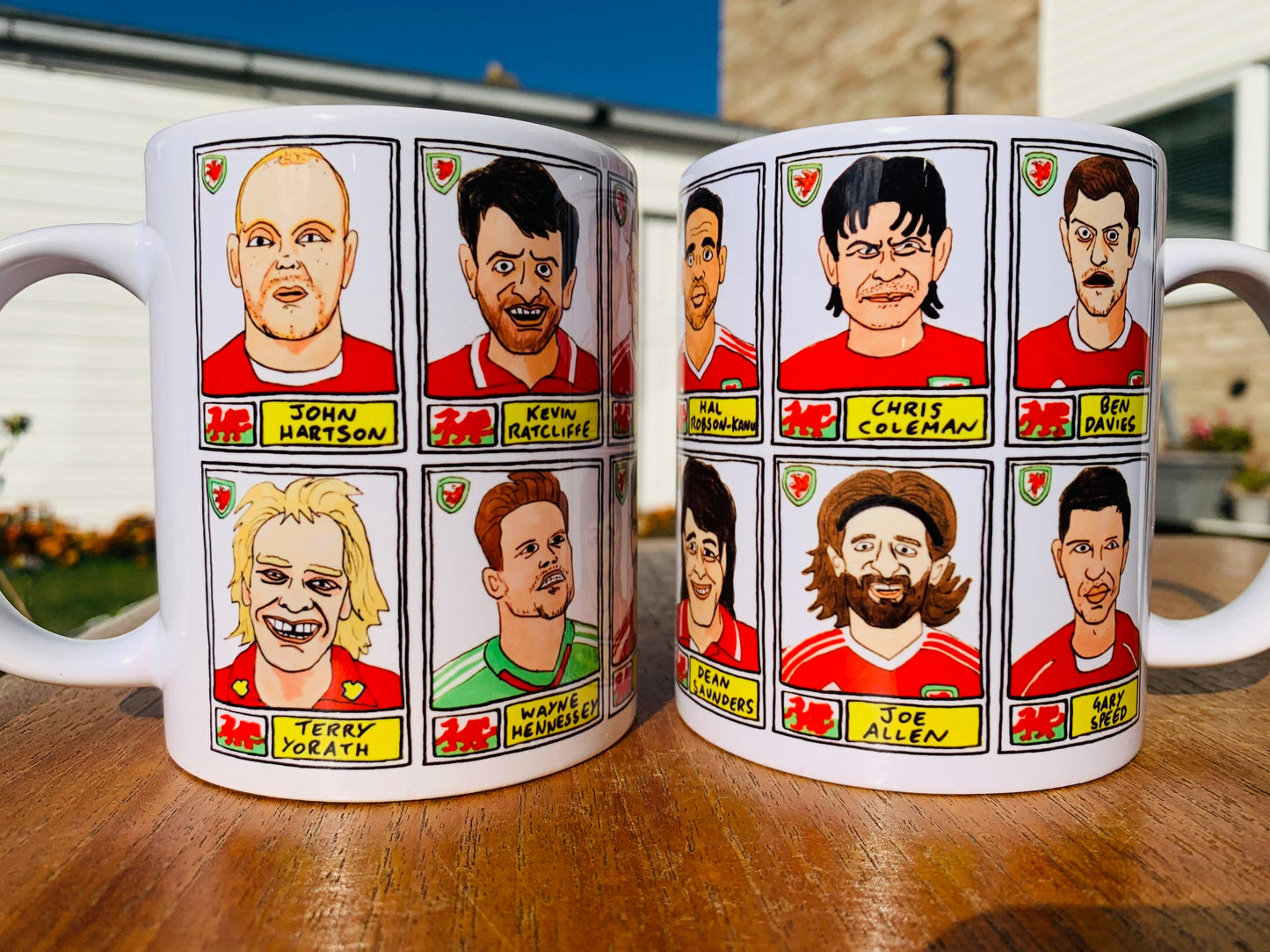 Wales No Score Draws Mug Set - Set of TWO 11oz Ceramic Mugs with Wonky Panini sticker-style No Score Draws Doodles of 24 Cymru icons