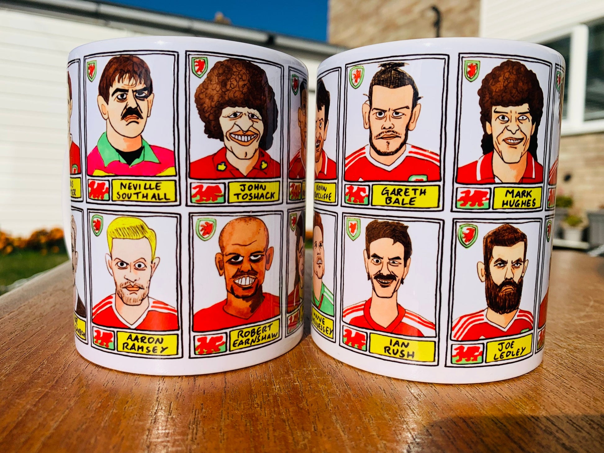 Wales No Score Draws Mug Set - Set of TWO 11oz Ceramic Mugs with Wonky Panini sticker-style No Score Draws Doodles of 24 Cymru icons