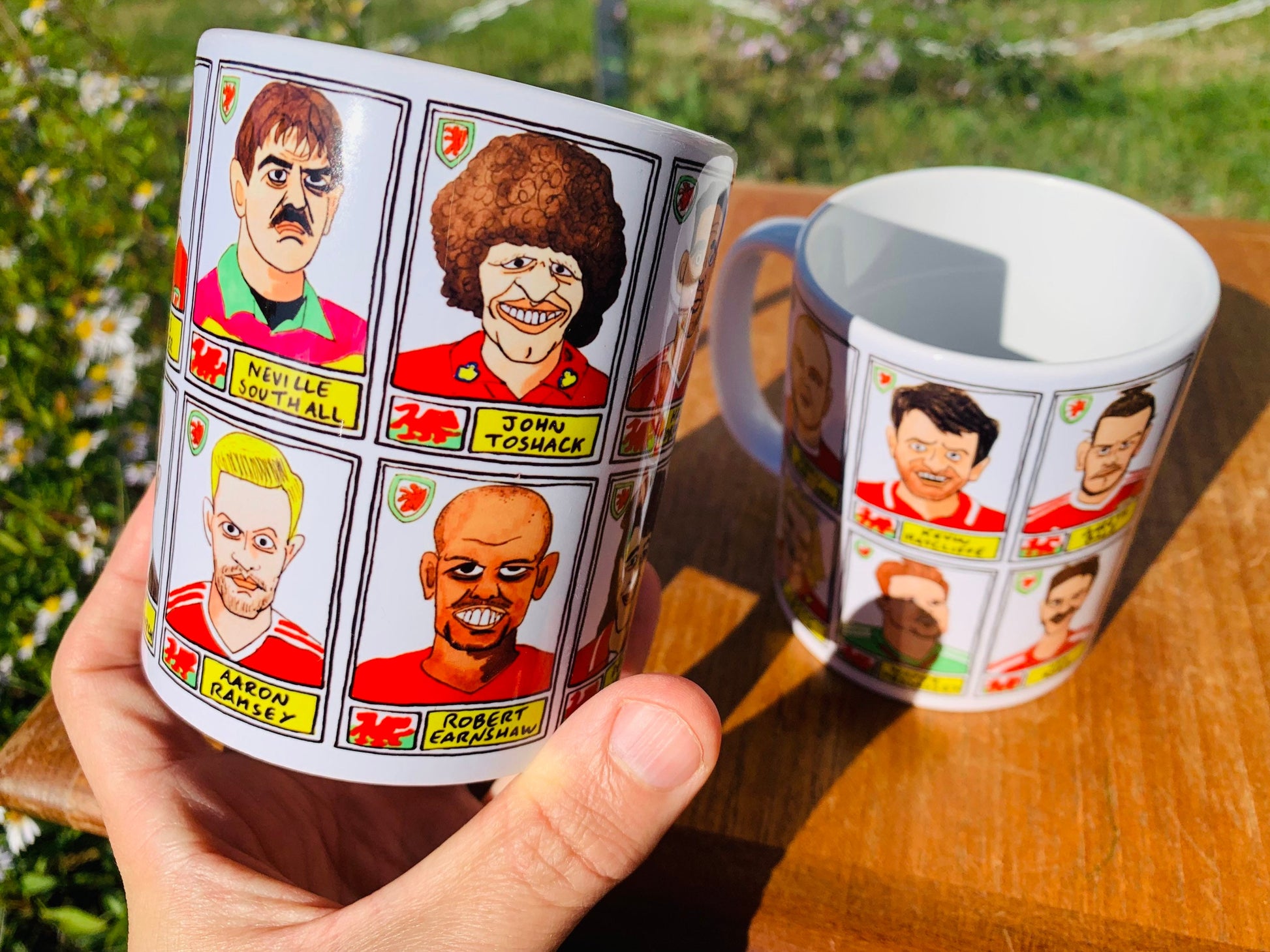 Wales No Score Draws Mug Set - Set of TWO 11oz Ceramic Mugs with Wonky Panini sticker-style No Score Draws Doodles of 24 Cymru icons