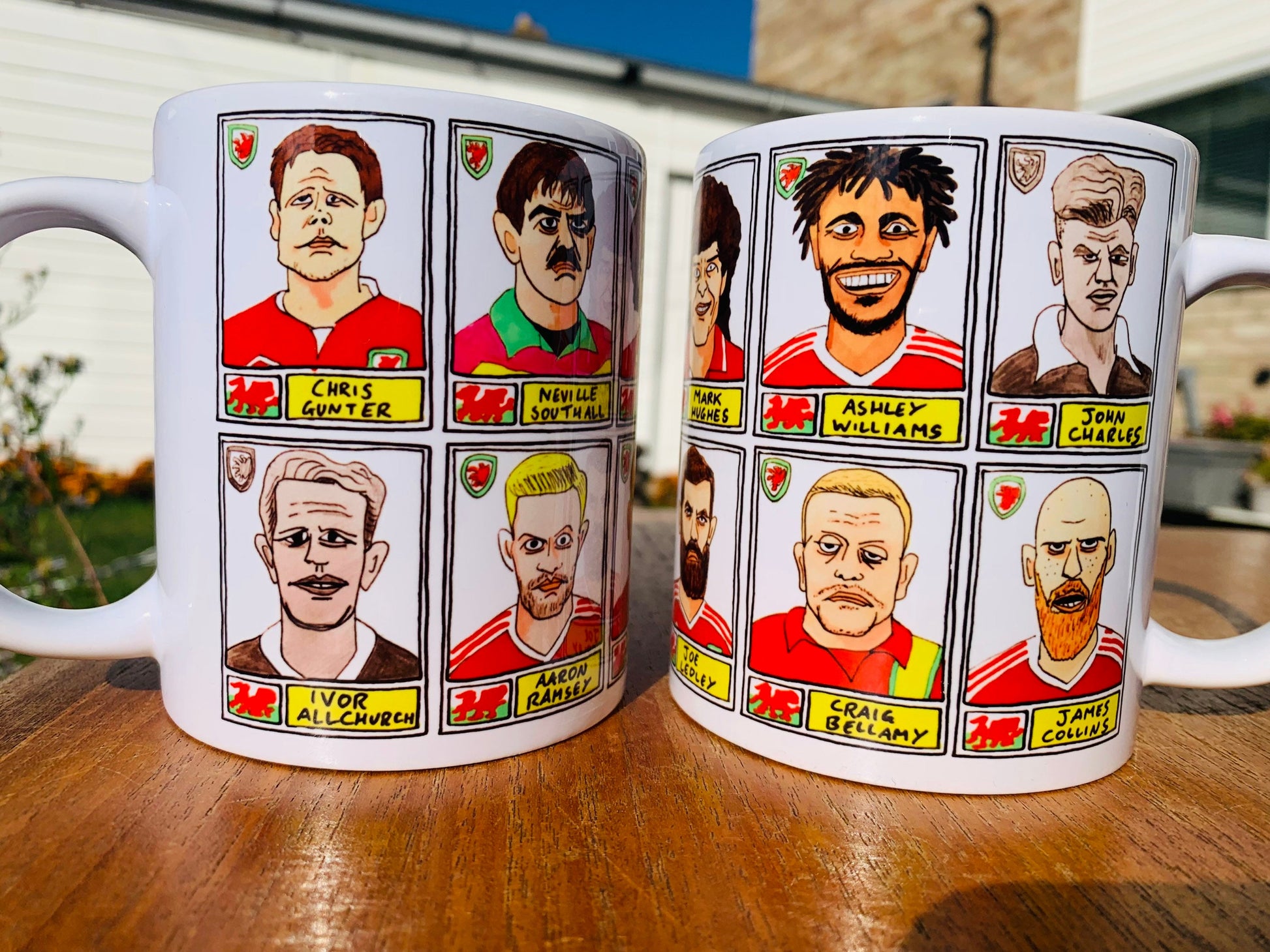 Wales No Score Draws Mug Set - Set of TWO 11oz Ceramic Mugs with Wonky Panini sticker-style No Score Draws Doodles of 24 Cymru icons