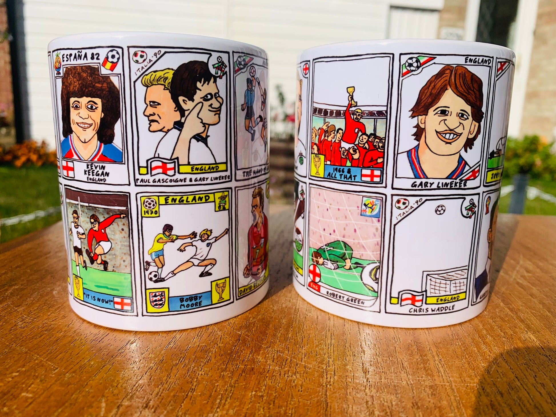 England Vol 3 No Score Draws England At The World Cup Mug Set - Set of TWO 11oz Ceramic Mugs with Panini-style doodles of England WC History