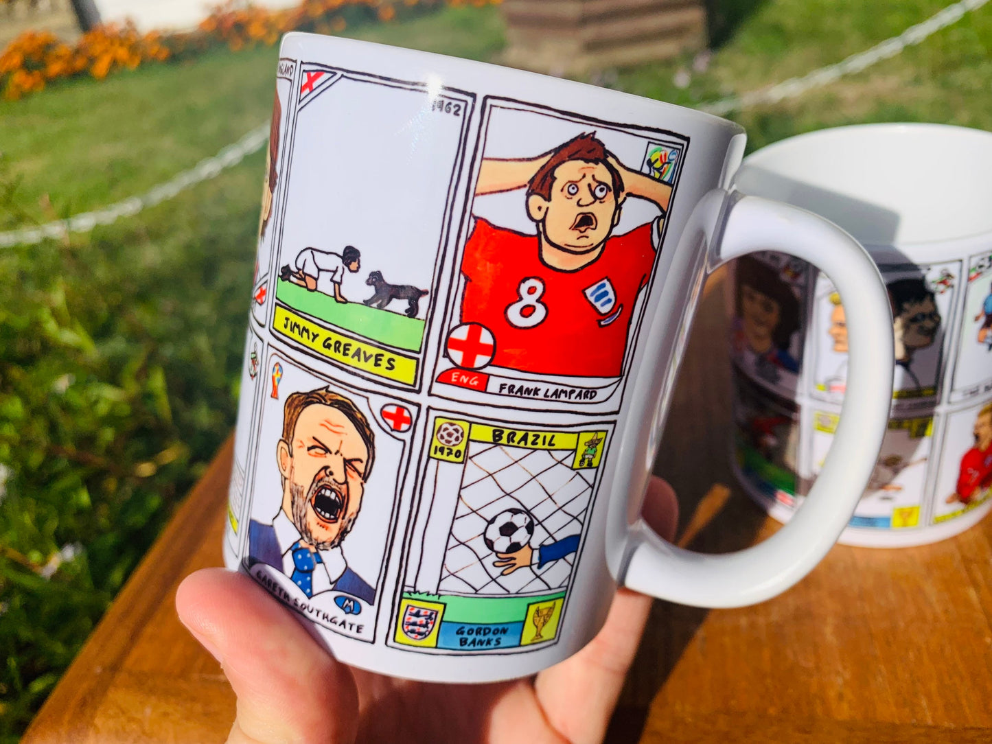 England Vol 3 No Score Draws England At The World Cup Mug Set - Set of TWO 11oz Ceramic Mugs with Panini-style doodles of England WC History