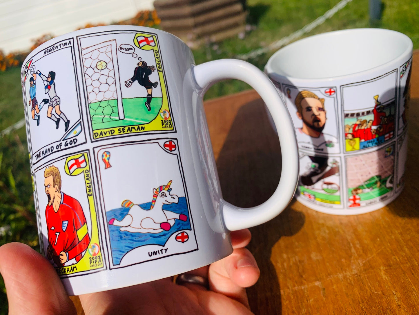 England Vol 3 No Score Draws England At The World Cup Mug Set - Set of TWO 11oz Ceramic Mugs with Panini-style doodles of England WC History