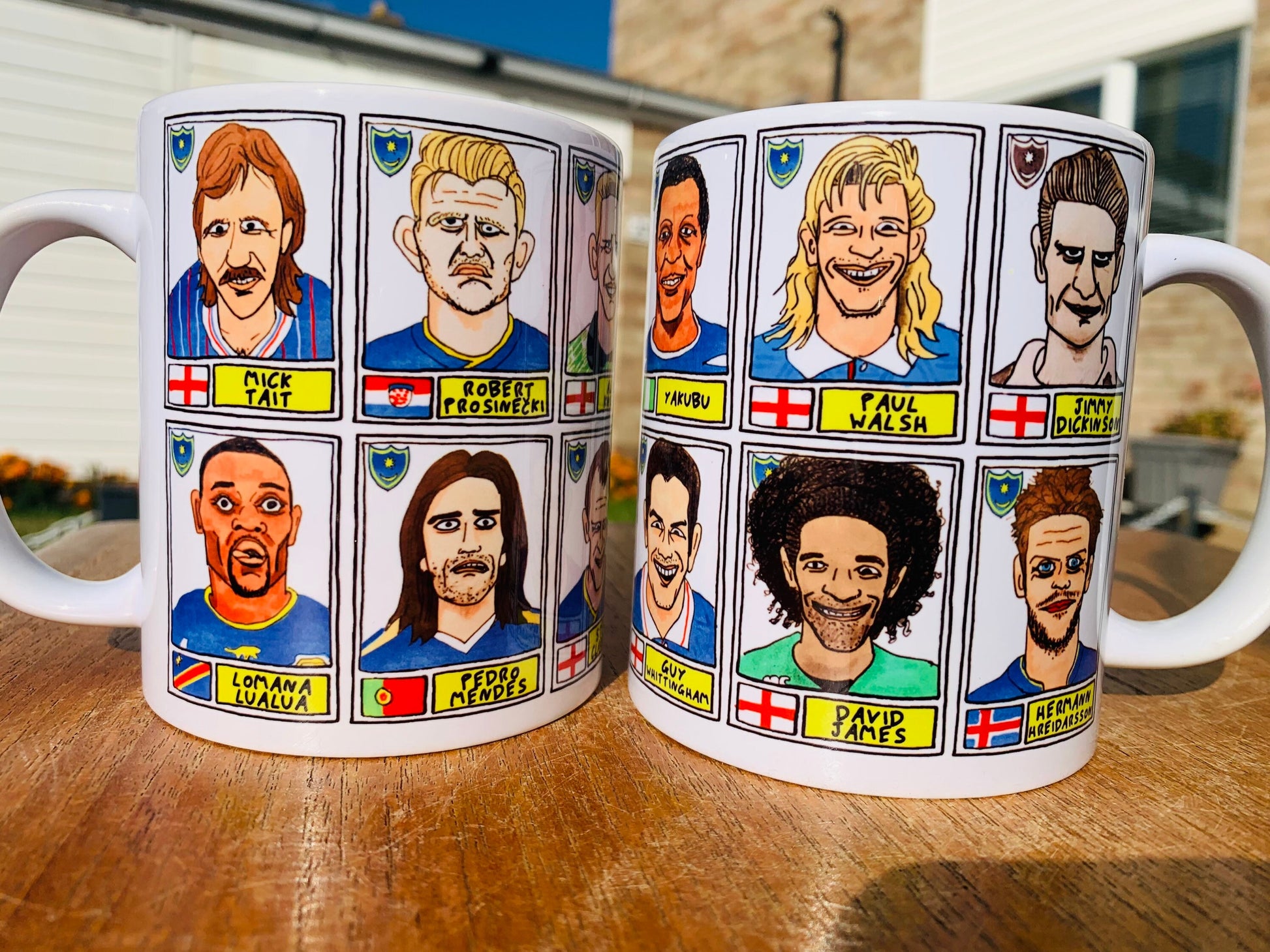 Portsmouth No Score Draws Mug Set - Set of TWO 11oz Ceramic Mugs with Wonky Panini sticker-style No Score Draws Doodles of 24 Pompey icons