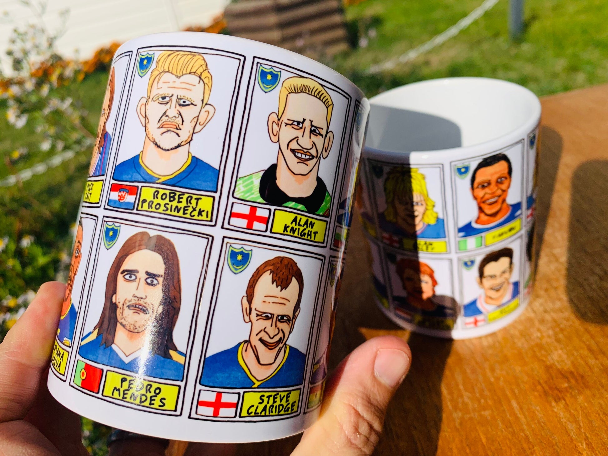 Portsmouth No Score Draws Mug Set - Set of TWO 11oz Ceramic Mugs with Wonky Panini sticker-style No Score Draws Doodles of 24 Pompey icons