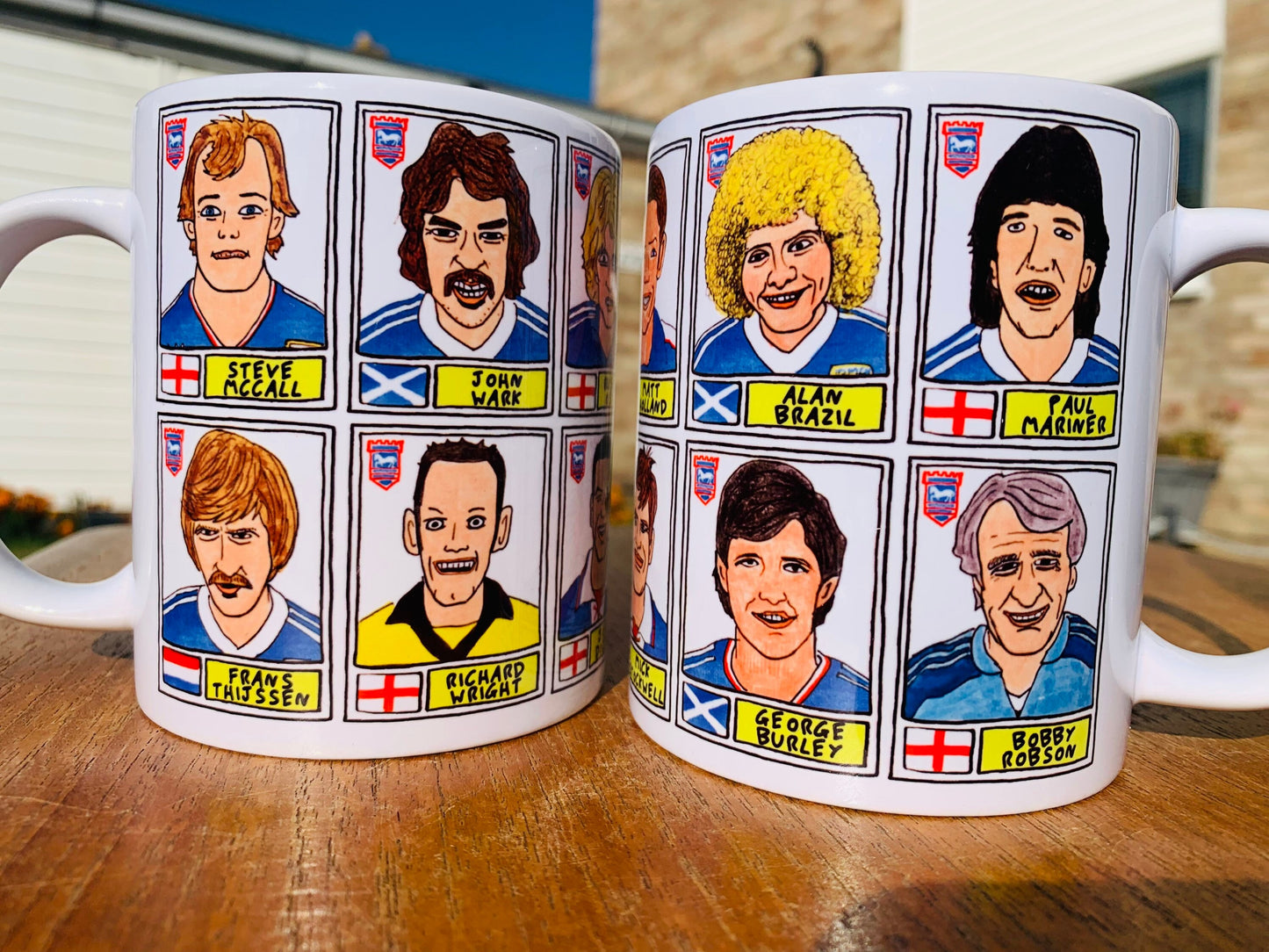 Ipswich Town Mug Set - Set of TWO 11oz Ceramic Mugs with Wonky Panini sticker-style No Score Draws Doodles of 24 ITFC Tractor Boys icons