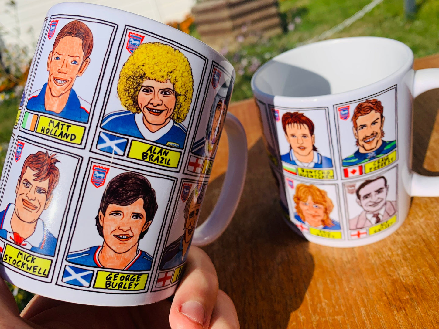 Ipswich Town Mug Set - Set of TWO 11oz Ceramic Mugs with Wonky Panini sticker-style No Score Draws Doodles of 24 ITFC Tractor Boys icons