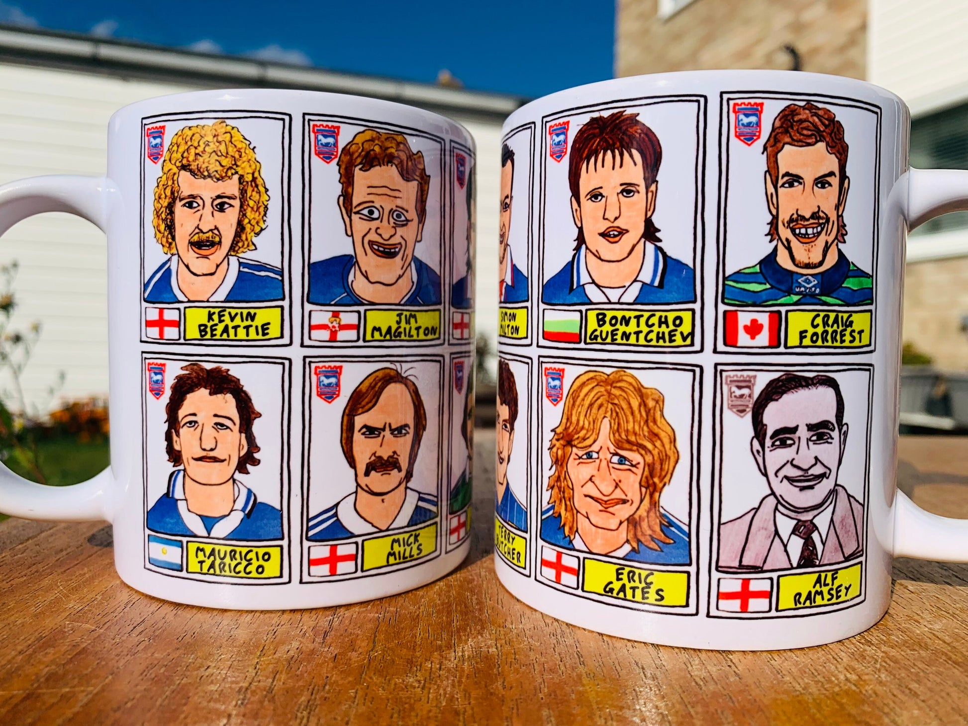 Ipswich Town Mug Set - Set of TWO 11oz Ceramic Mugs with Wonky Panini sticker-style No Score Draws Doodles of 24 ITFC Tractor Boys icons