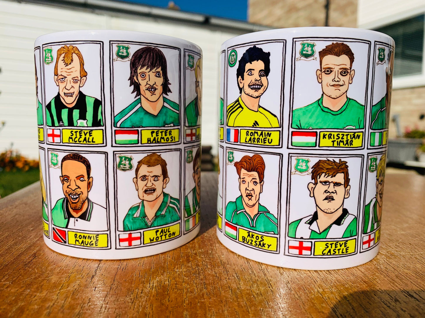 Plymouth Argyle No Score Draws Mug Set - Set of TWO 11oz Ceramic Mugs with Wonky Panini sticker-style PAFC Pilgrims No Score Draws Doodles