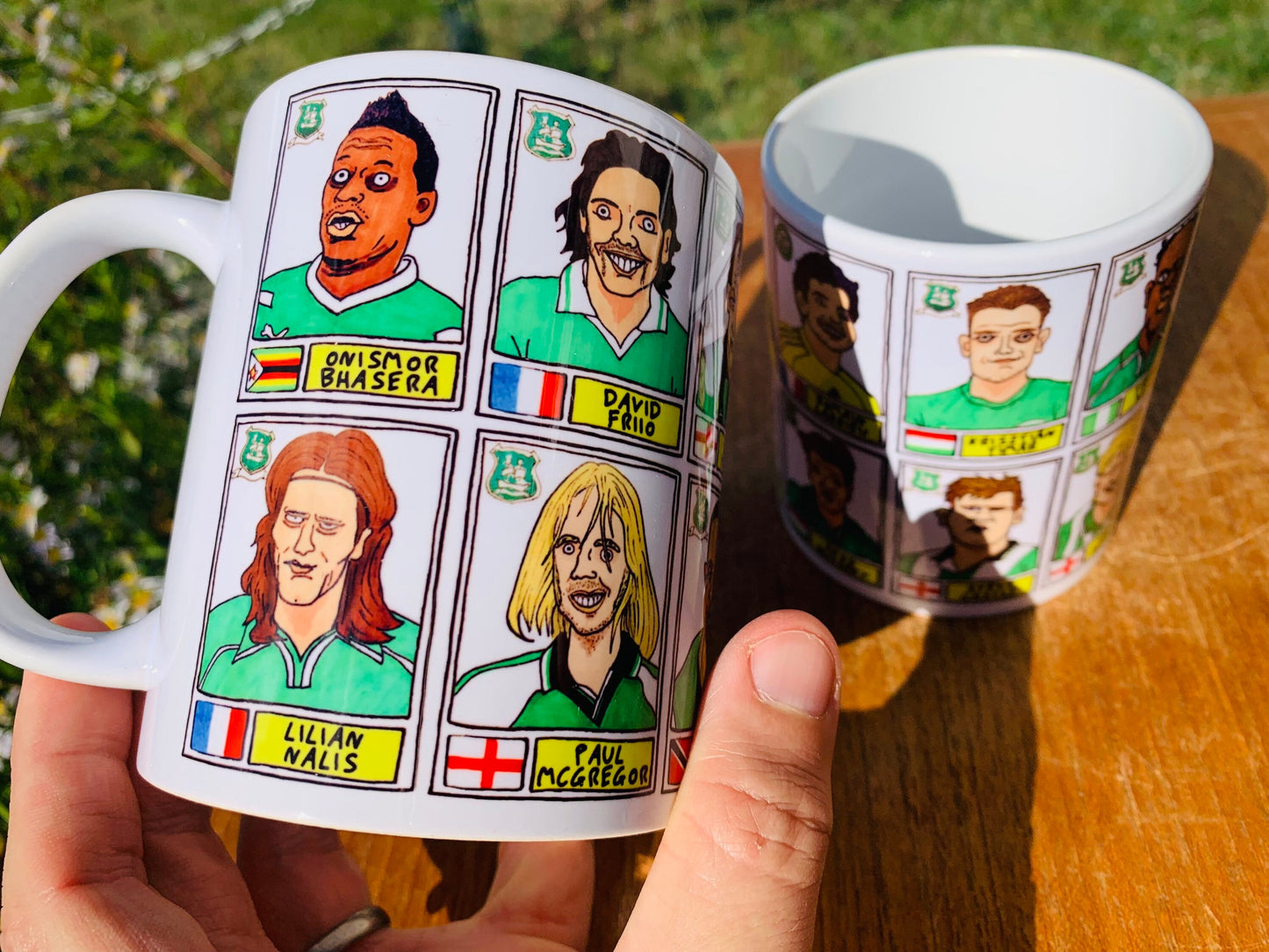 Plymouth Argyle No Score Draws Mug Set - Set of TWO 11oz Ceramic Mugs with Wonky Panini sticker-style PAFC Pilgrims No Score Draws Doodles