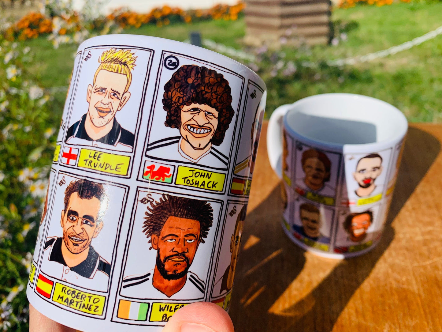 Swansea City No Score Draws Mug Set - Set of TWO 11oz Ceramic Mugs with Wonky Panini sticker-style No Score Draws Doodles of 24 Swans icons