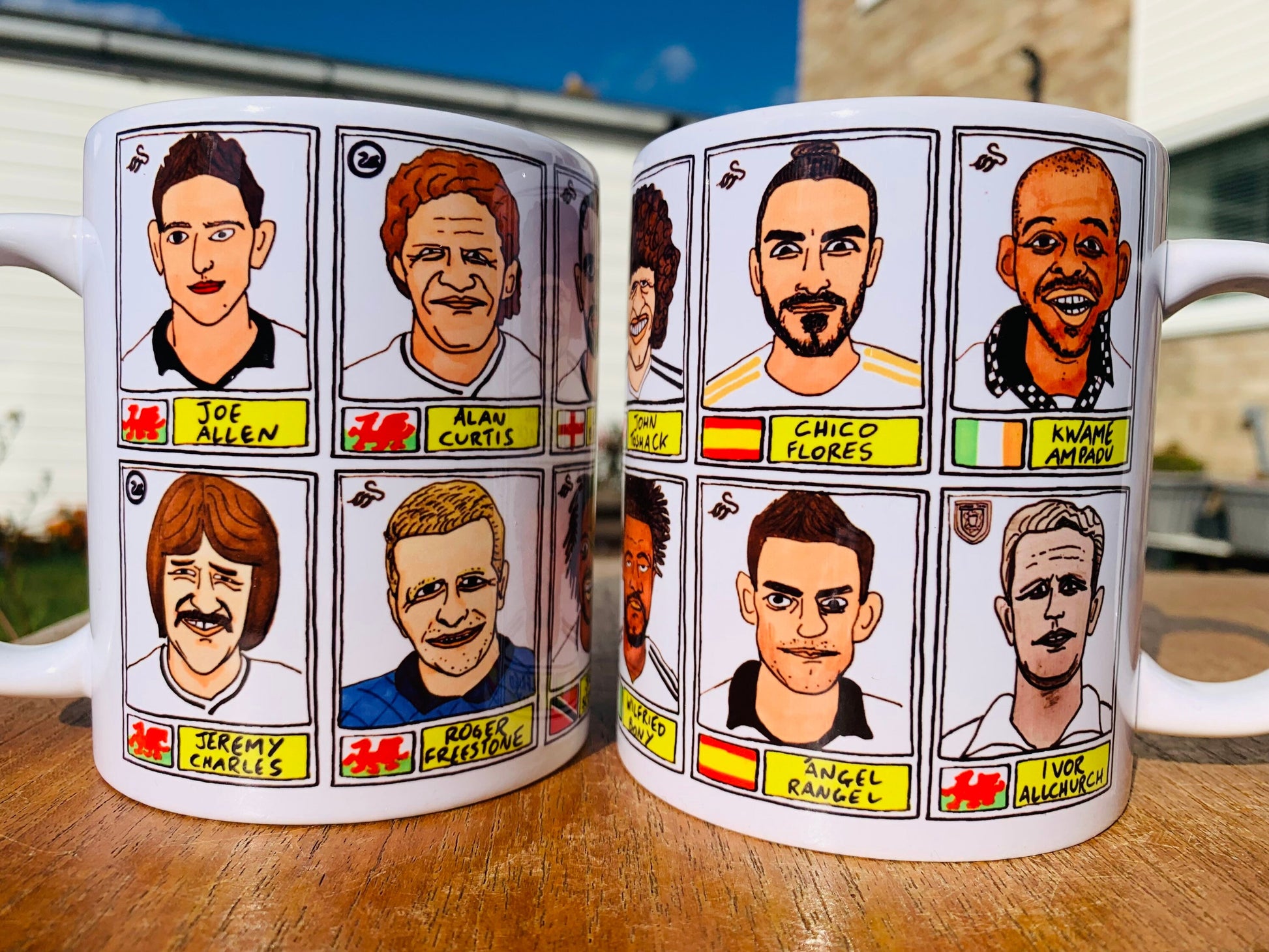 Swansea City No Score Draws Mug Set - Set of TWO 11oz Ceramic Mugs with Wonky Panini sticker-style No Score Draws Doodles of 24 Swans icons