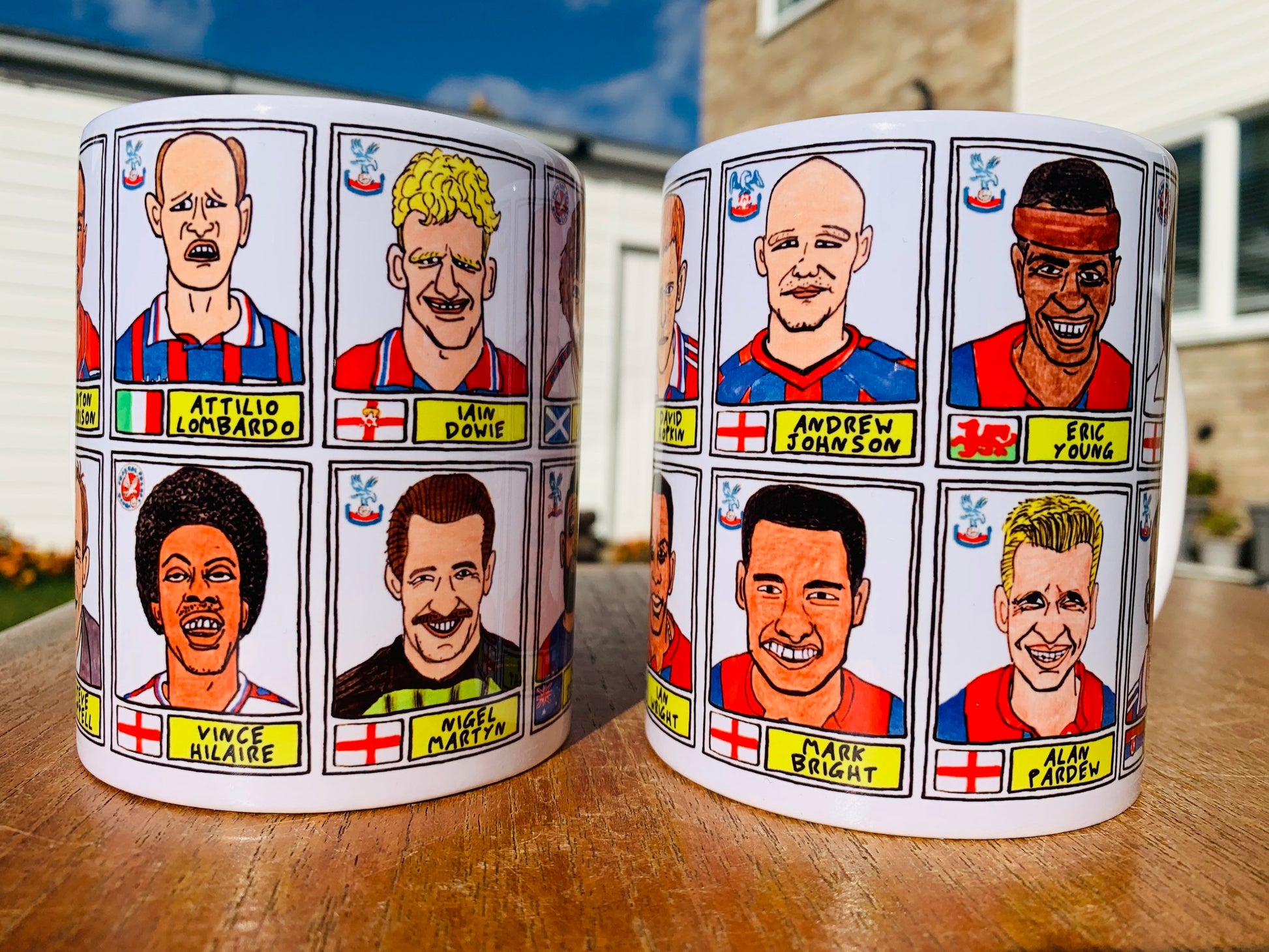 Crystal Palace Mug Set - Set of TWO 11oz Ceramic Mugs with Wonky Panini sticker-style No Score Draws Doodles of 24 badly-drawn Eagles icons