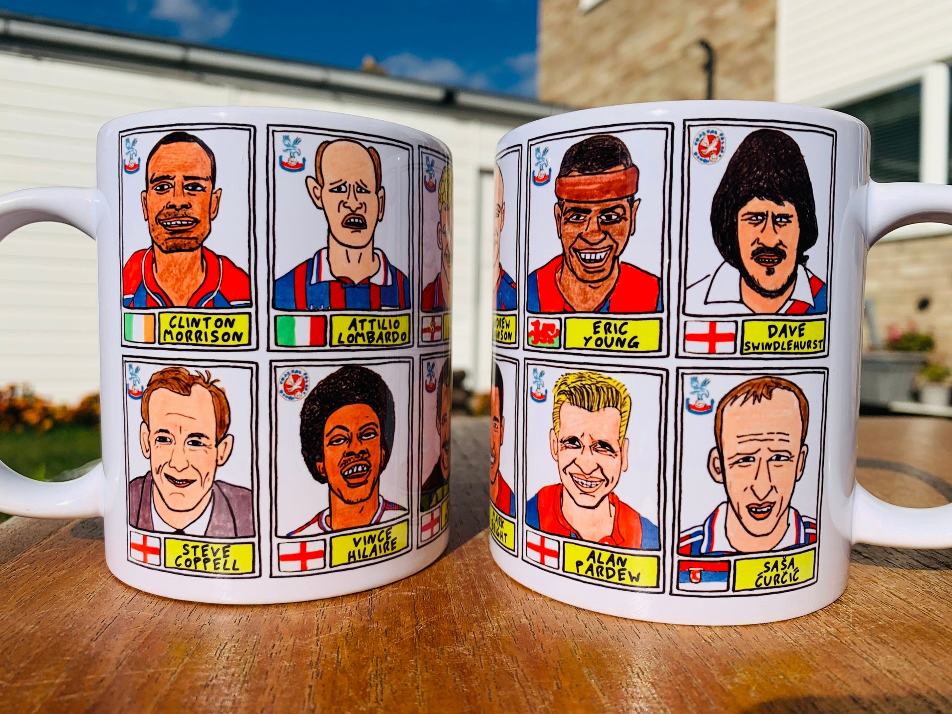 Crystal Palace Mug Set - Set of TWO 11oz Ceramic Mugs with Wonky Panini sticker-style No Score Draws Doodles of 24 badly-drawn Eagles icons