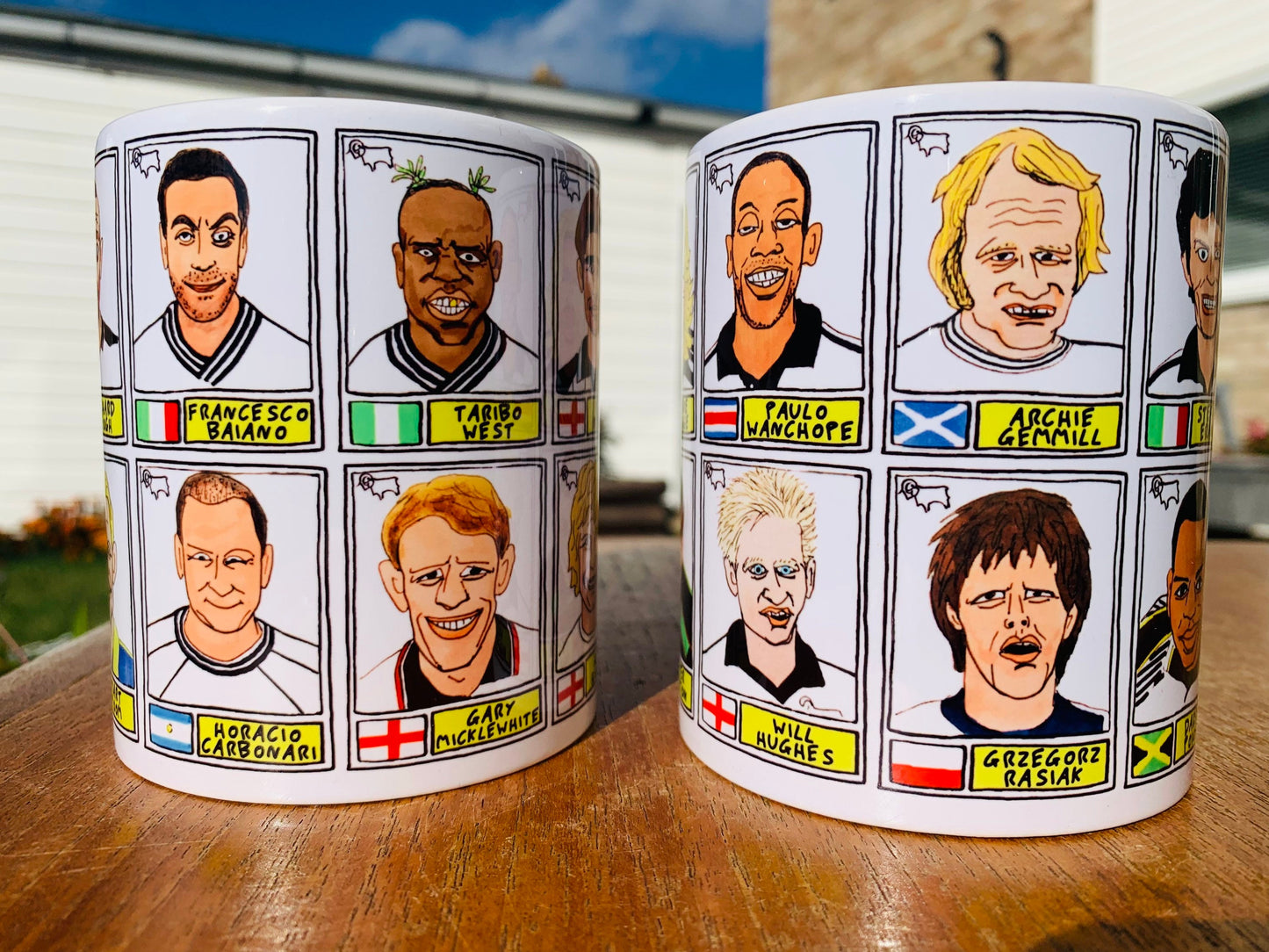 Derby County Mug Set - Set of TWO 11oz Ceramic Mugs with Wonky Panini sticker-style No Score Draws Doodles of 24 badly-drawn Rams icons