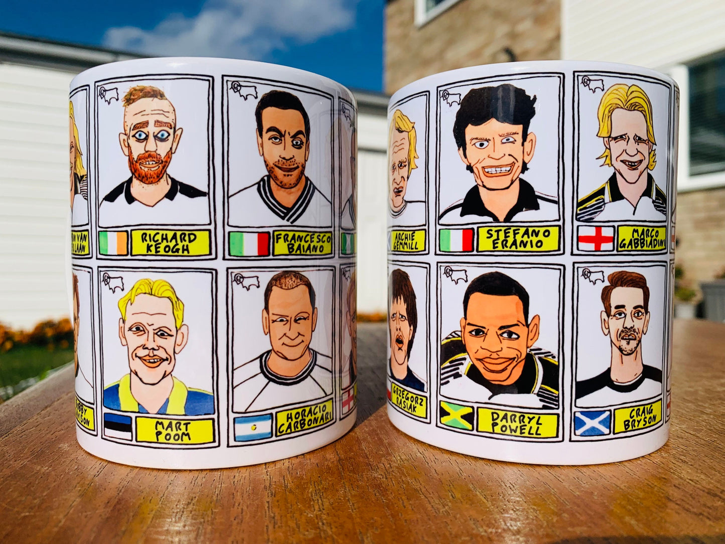 Derby County Mug Set - Set of TWO 11oz Ceramic Mugs with Wonky Panini sticker-style No Score Draws Doodles of 24 badly-drawn Rams icons