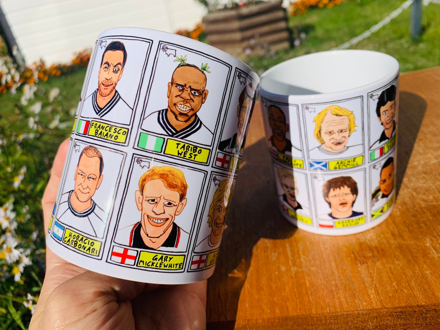 Derby County Mug Set - Set of TWO 11oz Ceramic Mugs with Wonky Panini sticker-style No Score Draws Doodles of 24 badly-drawn Rams icons