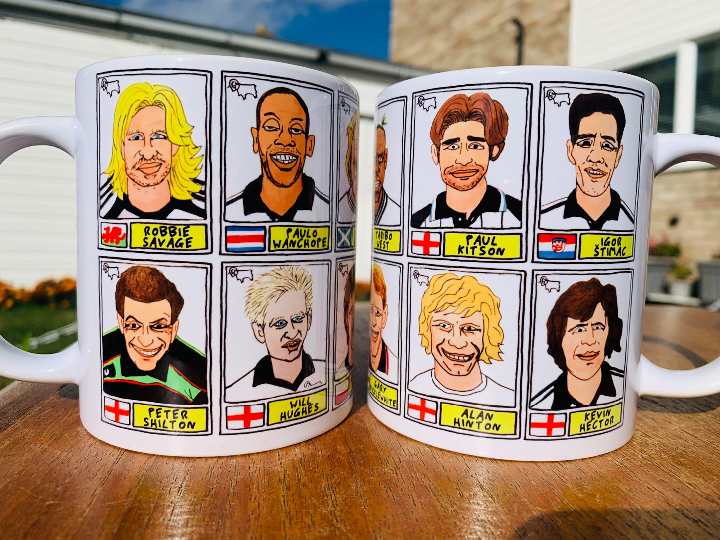 Derby County Mug Set - Set of TWO 11oz Ceramic Mugs with Wonky Panini sticker-style No Score Draws Doodles of 24 badly-drawn Rams icons