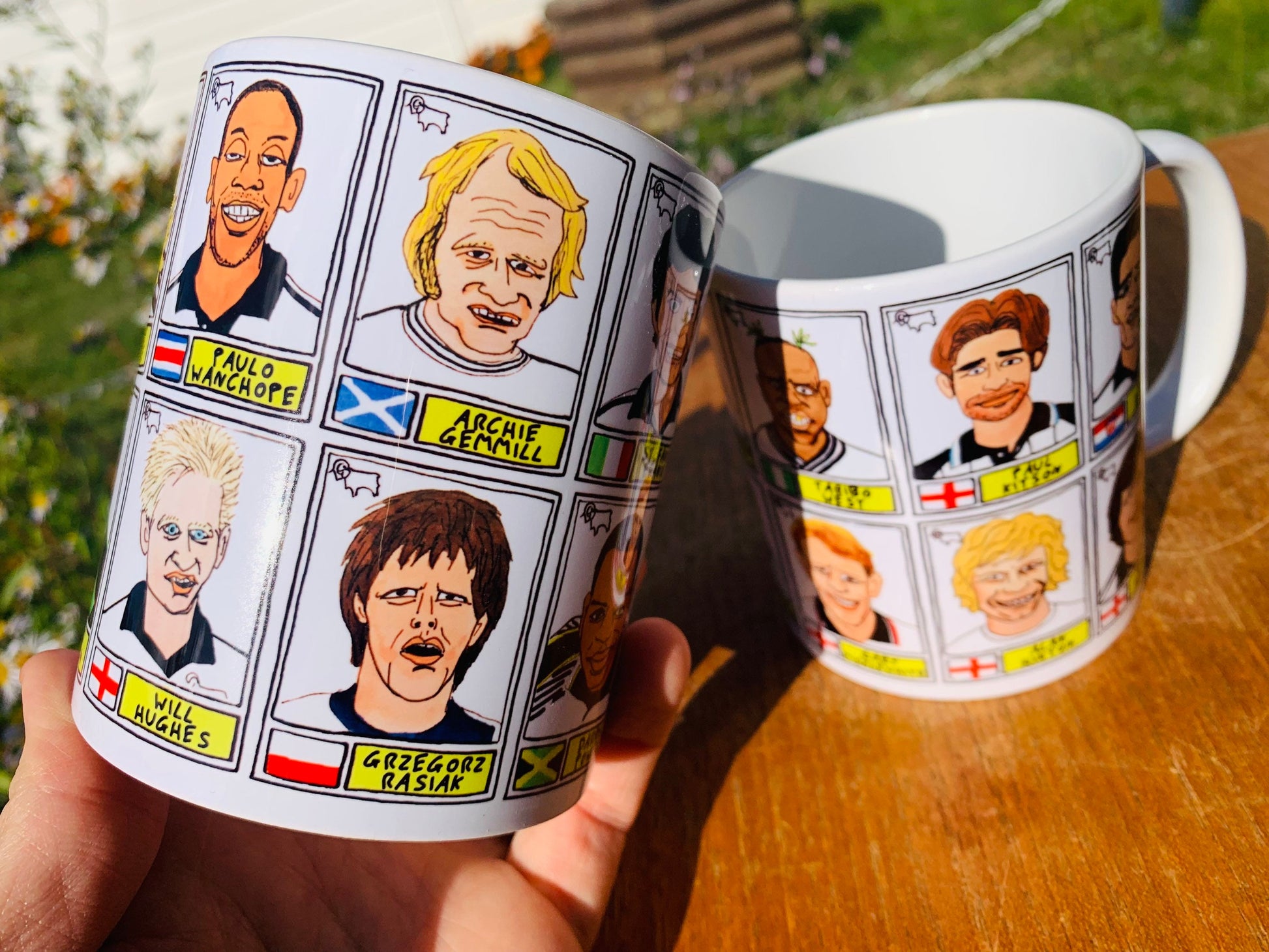 Derby County Mug Set - Set of TWO 11oz Ceramic Mugs with Wonky Panini sticker-style No Score Draws Doodles of 24 badly-drawn Rams icons