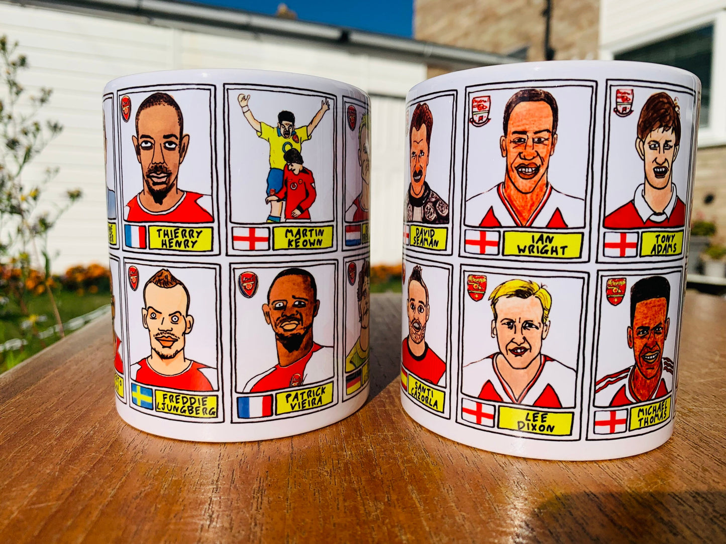 Arsenal No Score Draws Mug Set - Set of TWO 11oz Ceramic Mugs with Wonky Panini sticker-style No Score Draws Doodles of Gunners icons