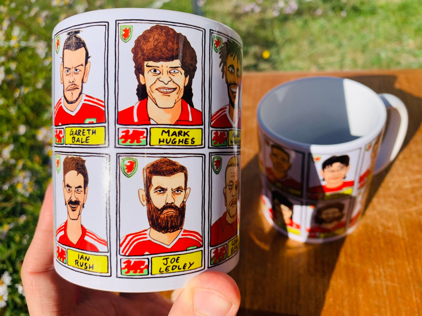 Wales No Score Draws Mug Set - Set of TWO 11oz Ceramic Mugs with Wonky Panini sticker-style No Score Draws Doodles of 24 Cymru icons