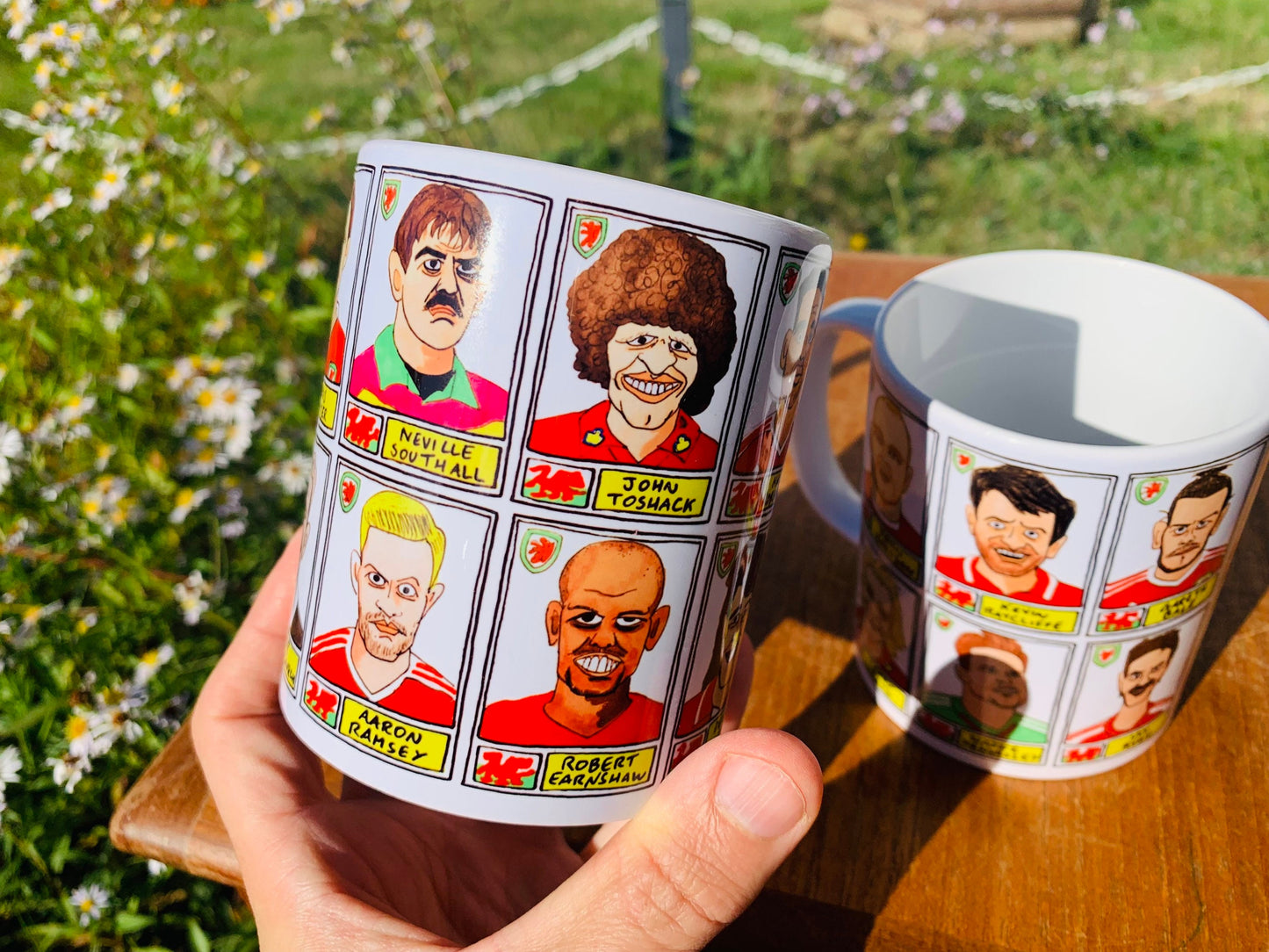 Wales No Score Draws Mug Set - Set of TWO 11oz Ceramic Mugs with Wonky Panini sticker-style No Score Draws Doodles of 24 Cymru icons