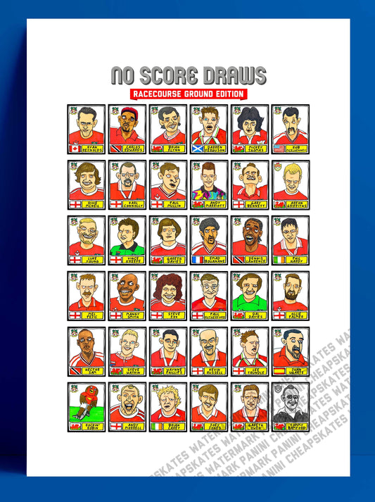 Wrexham - No Score Draws Racecourse Ground Edition - A3 print of 36 hand-drawn Wonky Panini-sticker-style Wrexham Icons - Wonky Football Art