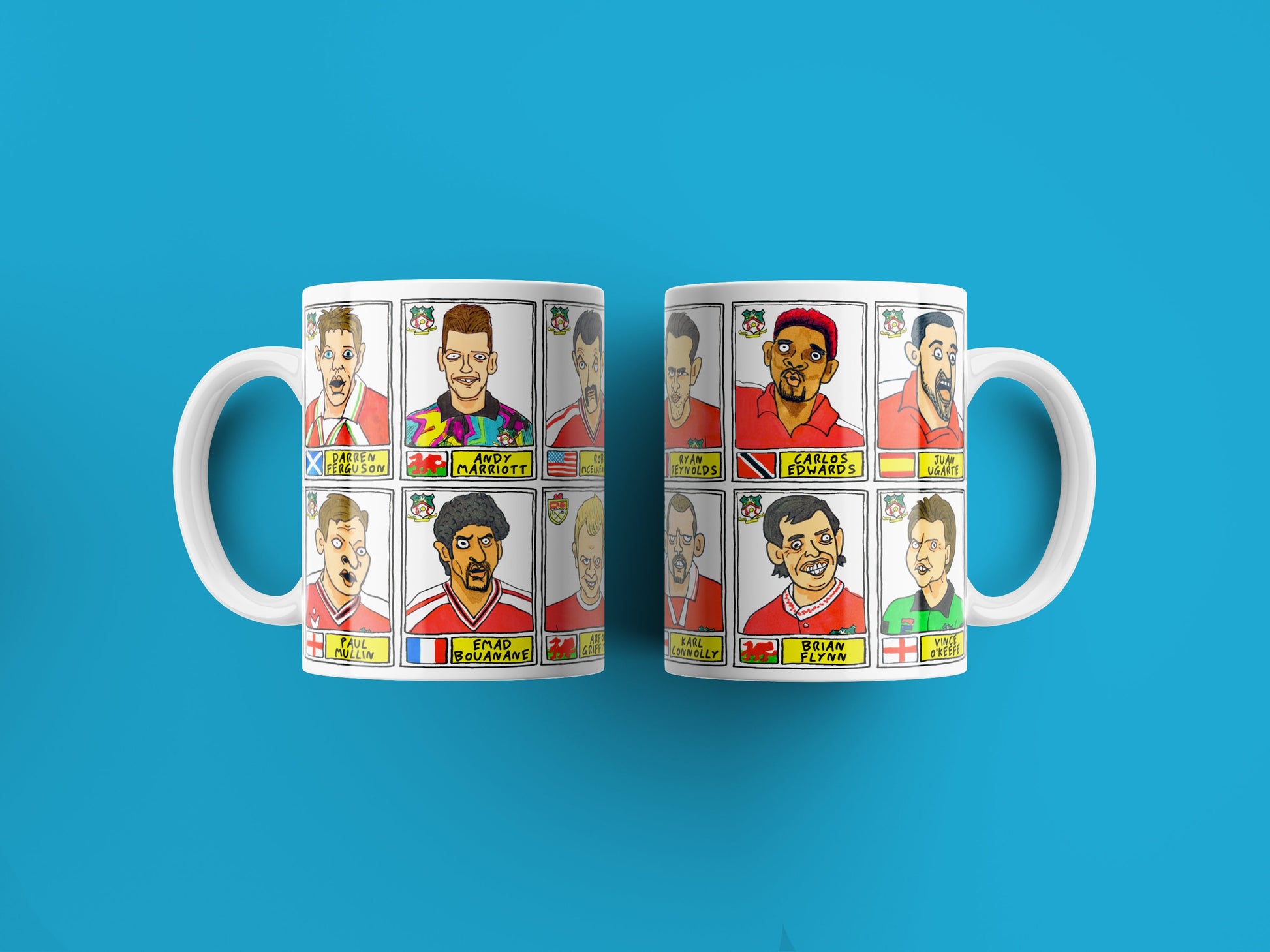 Wrexham No Score Draws Mug Set - Set of TWO 11oz Ceramic Mugs with Wonky Panini sticker-style doodles of Various Wrexham AFC Football Icons