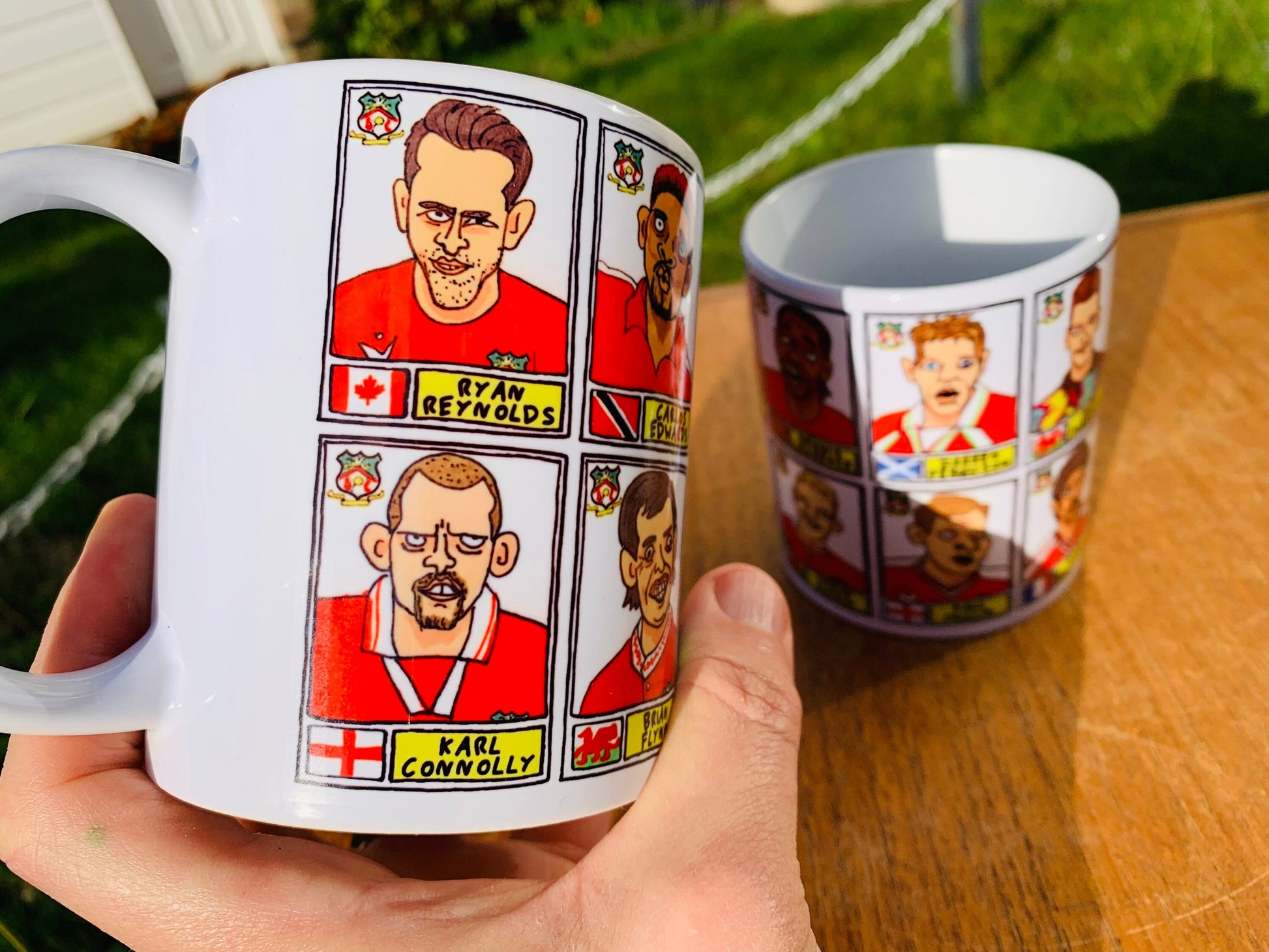 Wrexham No Score Draws Mug Set - Set of TWO 11oz Ceramic Mugs with Wonky Panini sticker-style doodles of Various Wrexham AFC Football Icons