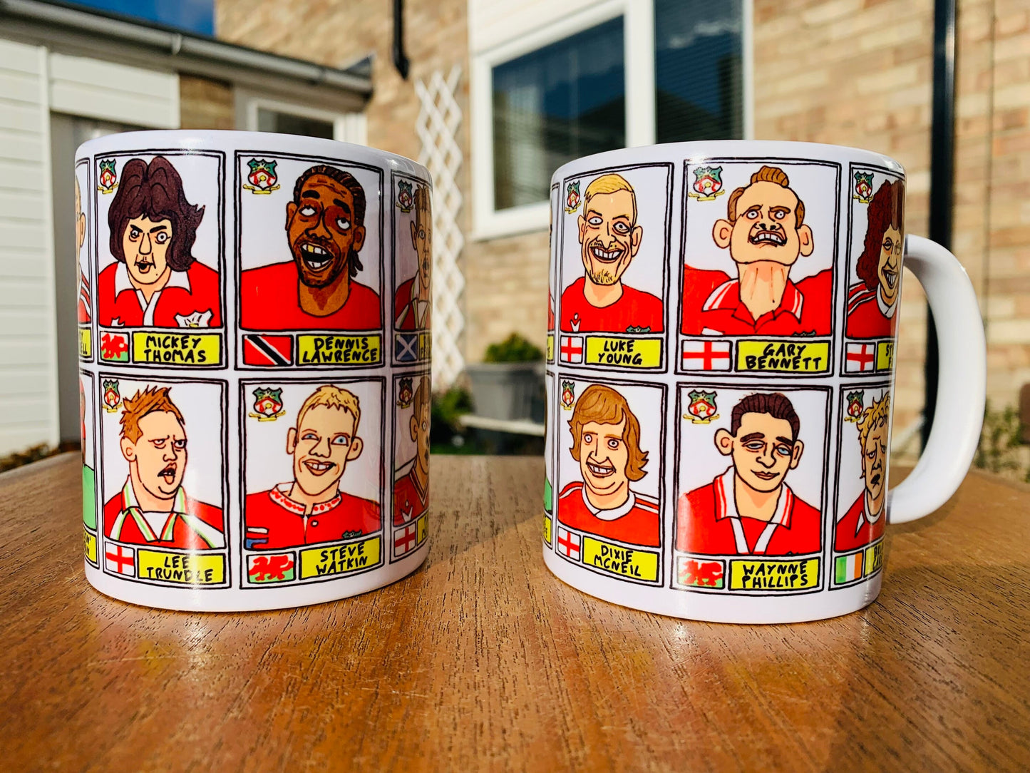 Wrexham No Score Draws Mug Set - Set of TWO 11oz Ceramic Mugs with Wonky Panini sticker-style doodles of Various Wrexham AFC Football Icons