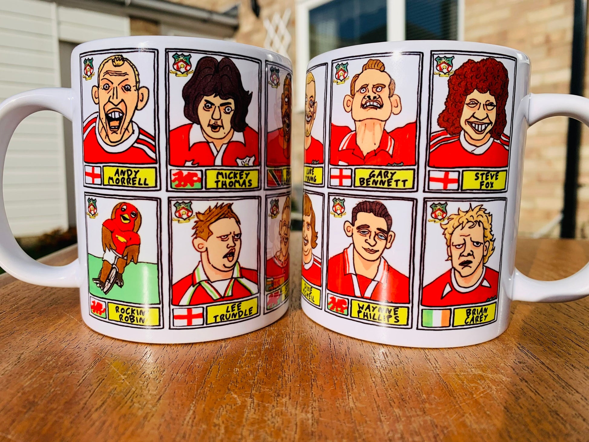 Wrexham No Score Draws Mug Set - Set of TWO 11oz Ceramic Mugs with Wonky Panini sticker-style doodles of Various Wrexham AFC Football Icons