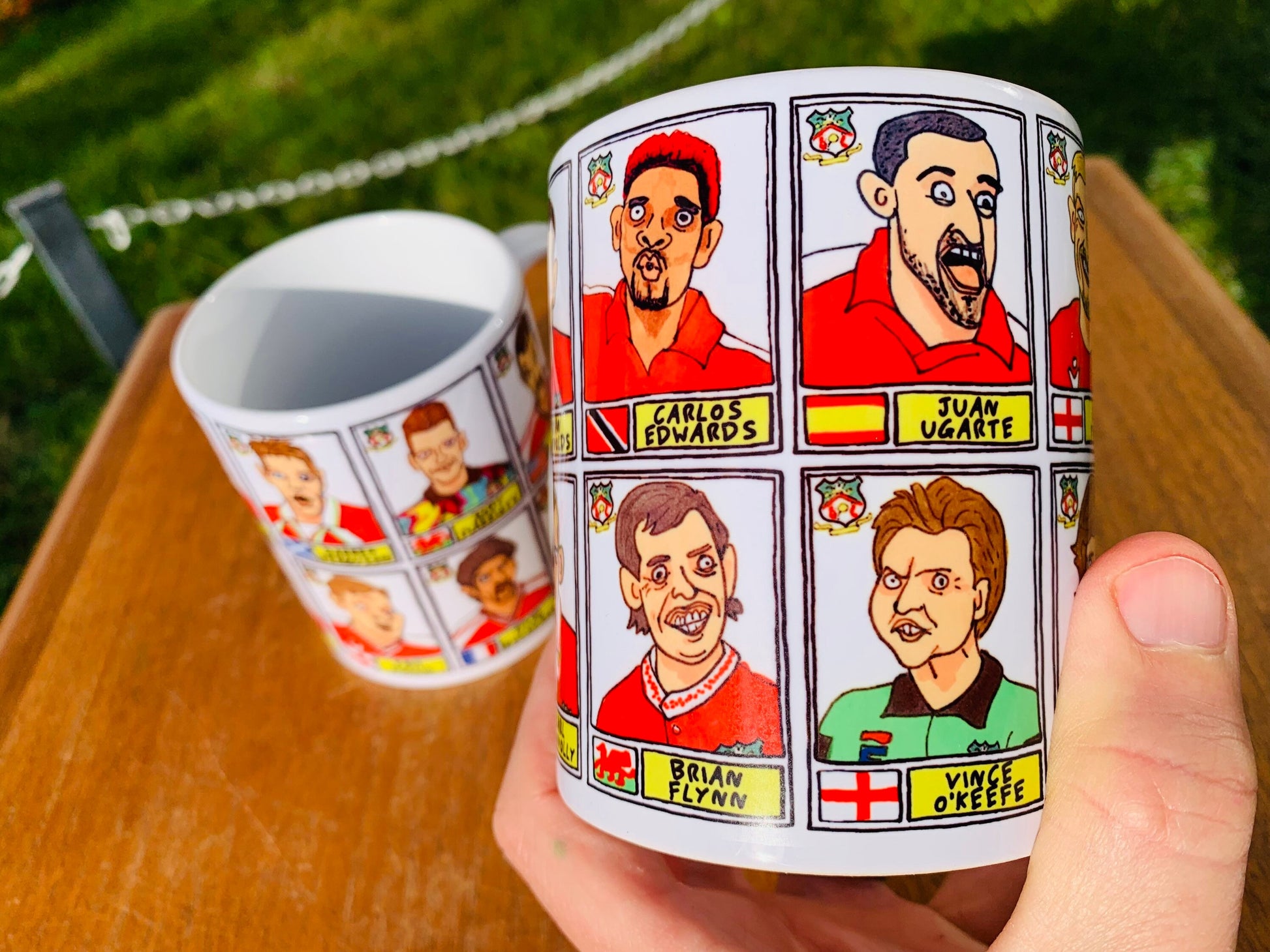 Wrexham No Score Draws Mug Set - Set of TWO 11oz Ceramic Mugs with Wonky Panini sticker-style doodles of Various Wrexham AFC Football Icons