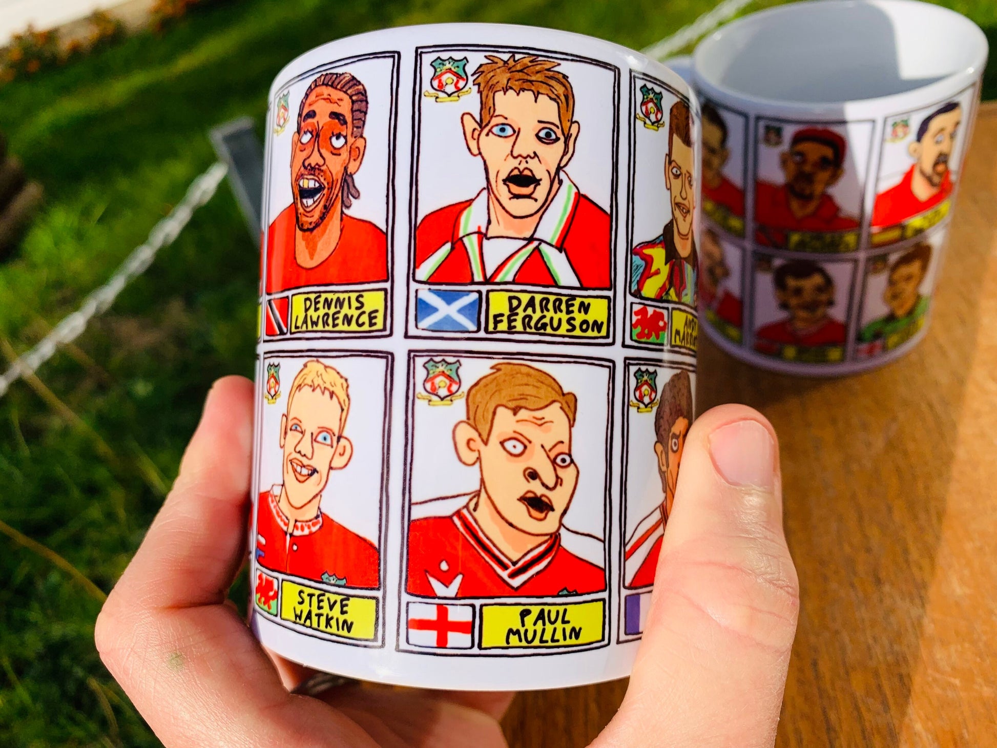 Wrexham No Score Draws Mug Set - Set of TWO 11oz Ceramic Mugs with Wonky Panini sticker-style doodles of Various Wrexham AFC Football Icons