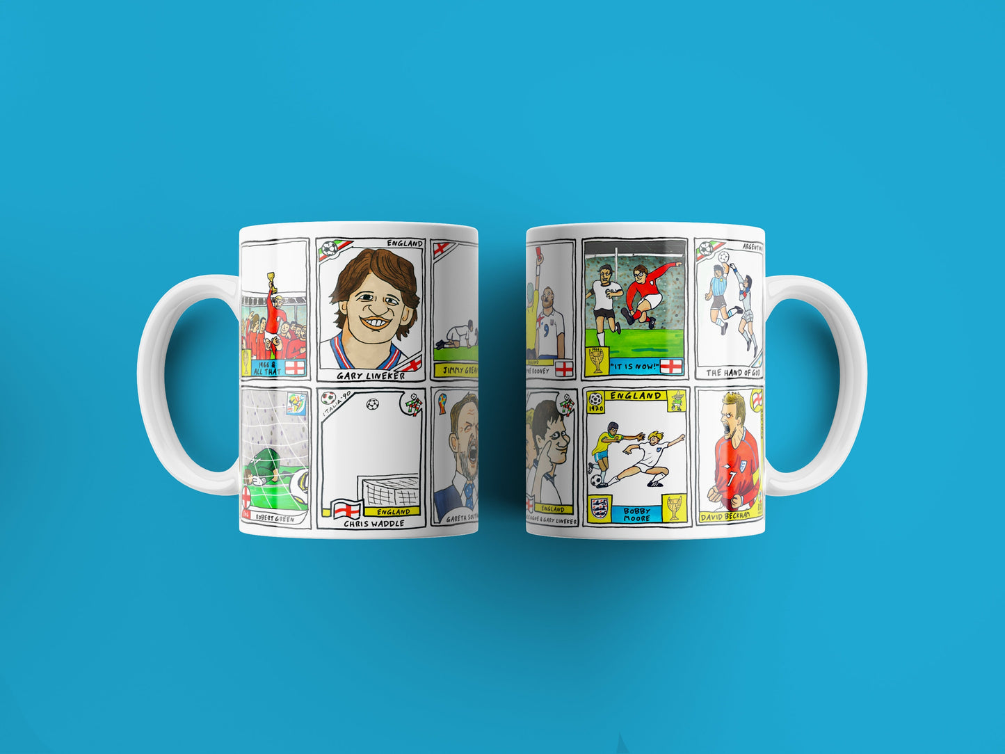 England Vol 3 No Score Draws England At The World Cup Mug Set - Set of TWO 11oz Ceramic Mugs with Panini-style doodles of England WC History