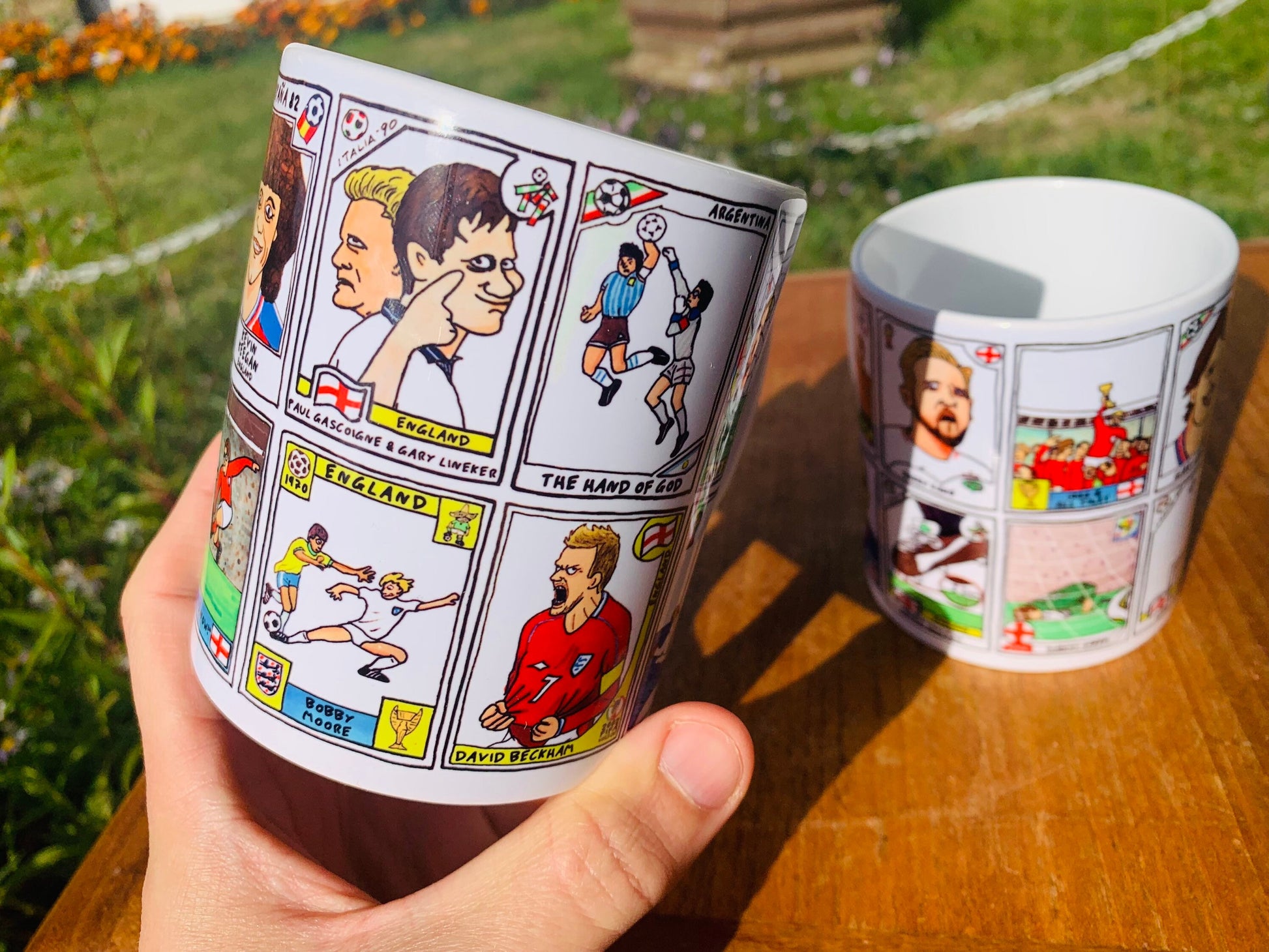 England Vol 3 No Score Draws England At The World Cup Mug Set - Set of TWO 11oz Ceramic Mugs with Panini-style doodles of England WC History