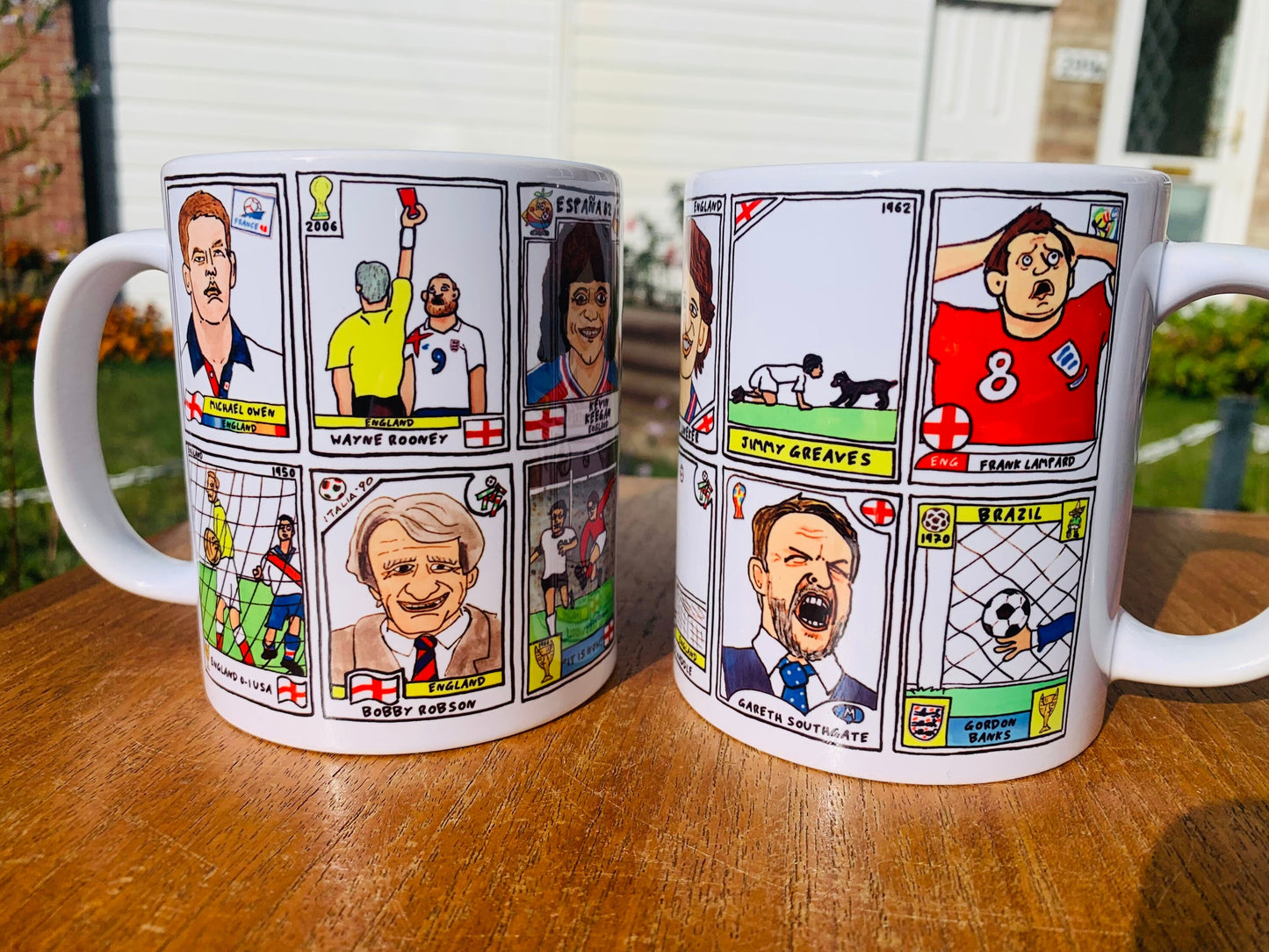 England Vol 3 No Score Draws England At The World Cup Mug Set - Set of TWO 11oz Ceramic Mugs with Panini-style doodles of England WC History