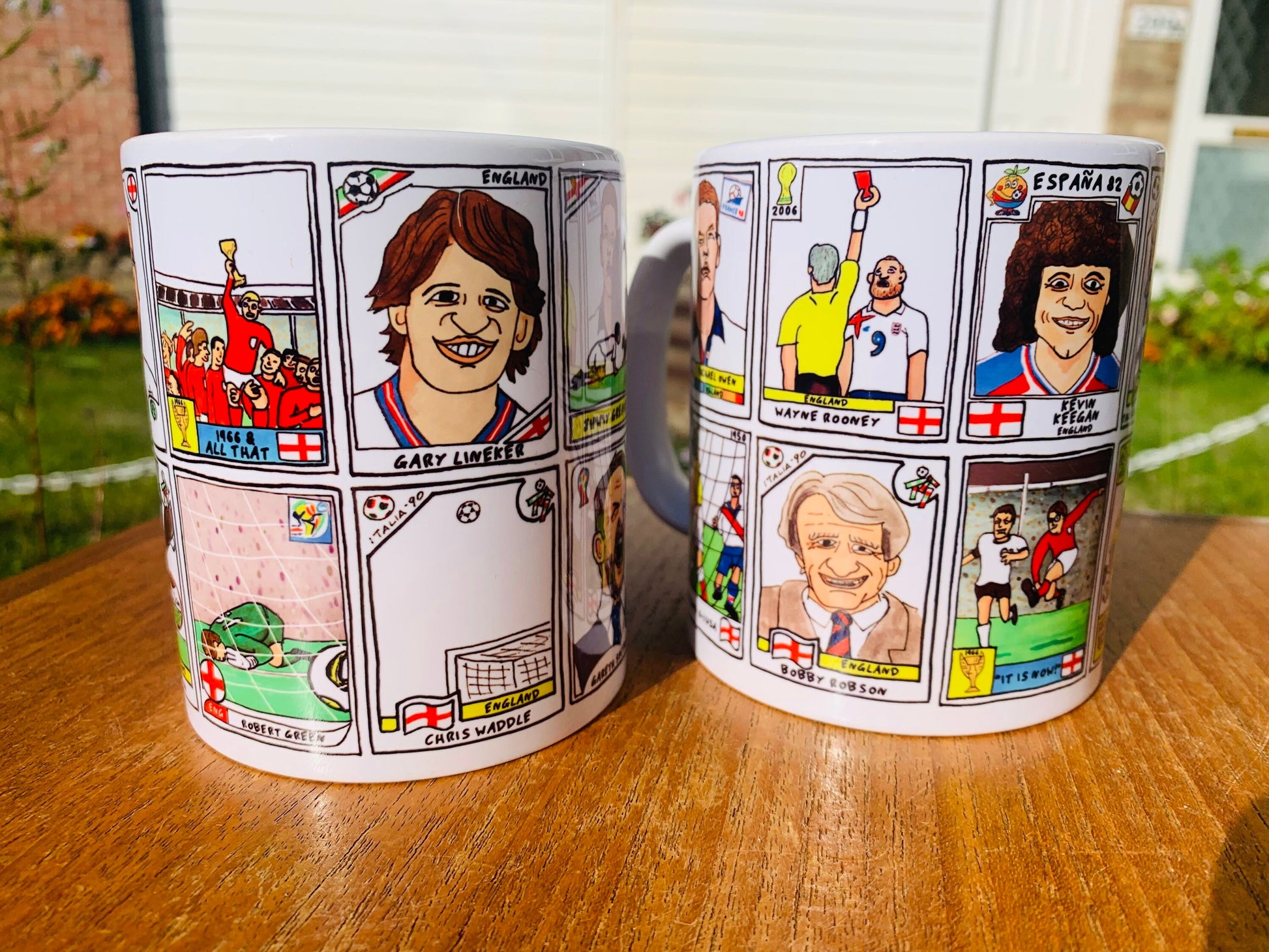 England Vol 3 No Score Draws England At The World Cup Mug Set - Set of TWO 11oz Ceramic Mugs with Panini-style doodles of England WC History