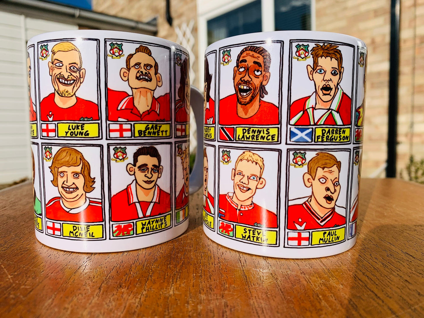 Wrexham No Score Draws Mug Set - Set of TWO 11oz Ceramic Mugs with Wonky Panini sticker-style doodles of Various Wrexham AFC Football Icons