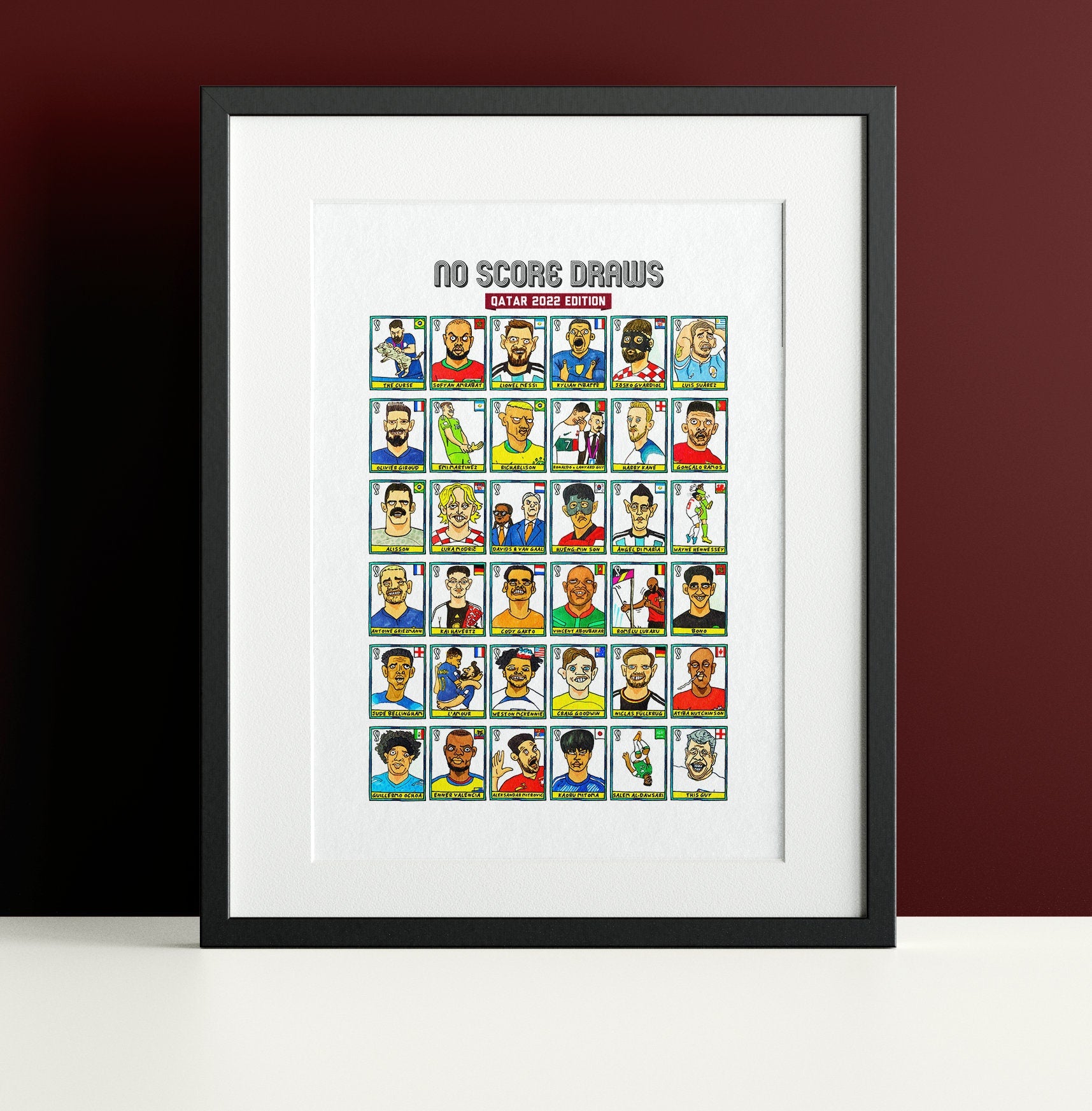 Qatar 2022 - No Score Draws World Cup 2022 Edition - A3 print of 36 hand-drawn Panini-style football sticker legends - Wonky football art