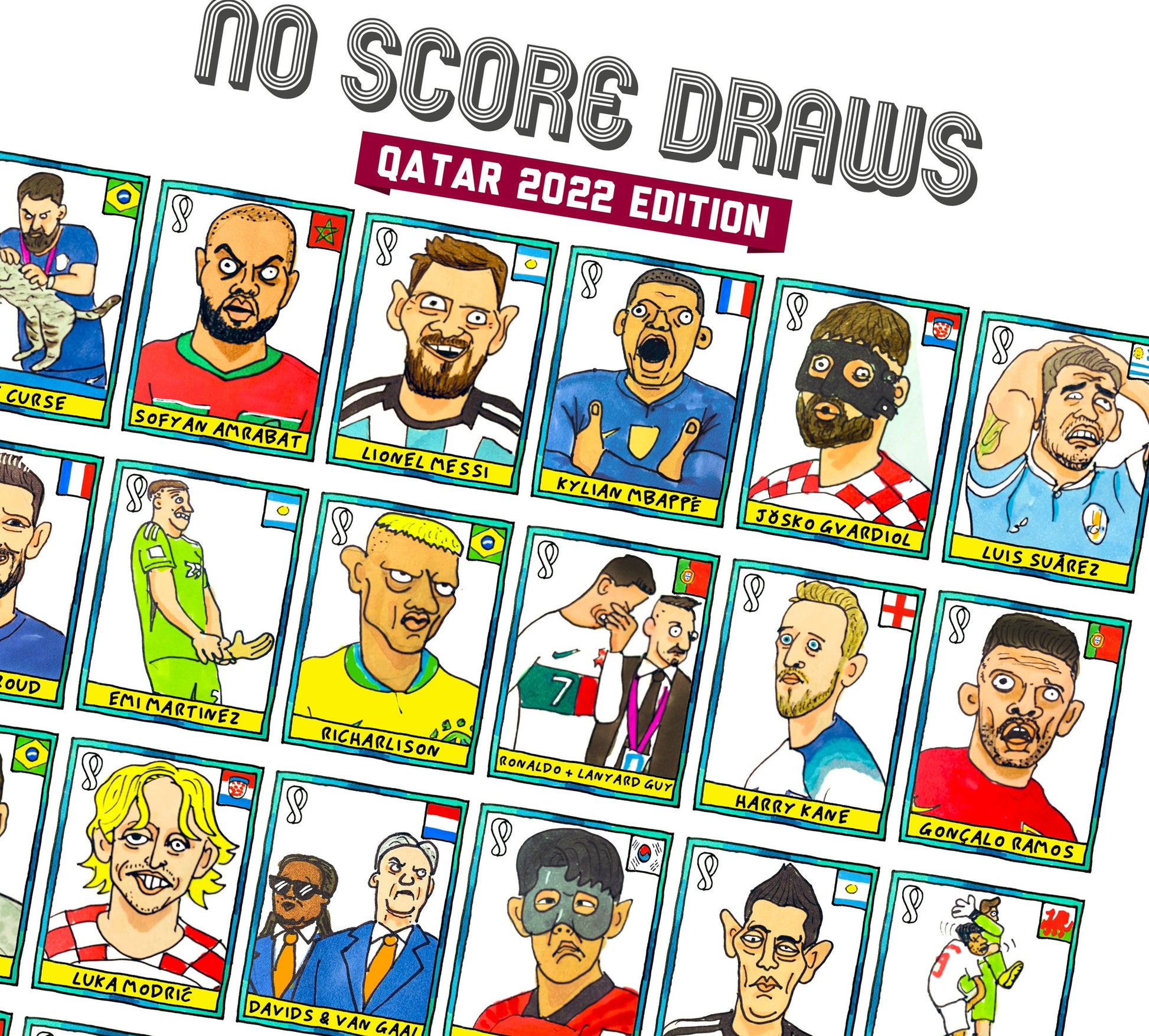 Qatar 2022 - No Score Draws World Cup 2022 Edition - A3 print of 36 hand-drawn Panini-style football sticker legends - Wonky football art