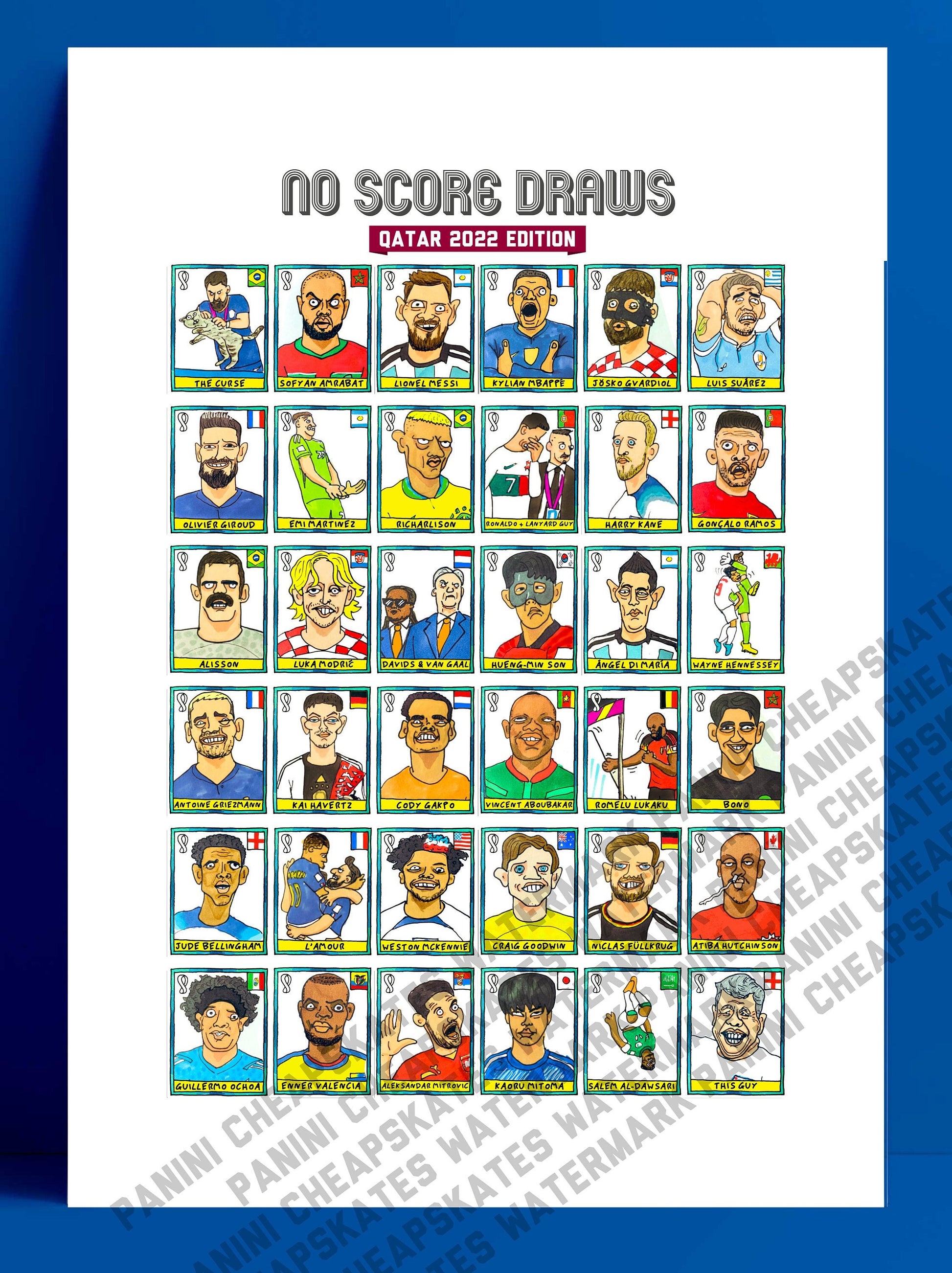 Qatar 2022 - No Score Draws World Cup 2022 Edition - A3 print of 36 hand-drawn Panini-style football sticker legends - Wonky football art