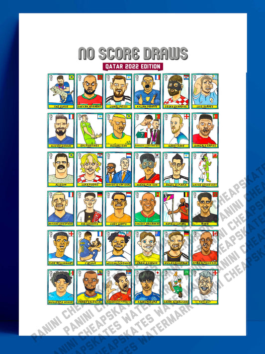 Qatar 2022 - No Score Draws World Cup 2022 Edition - A3 print of 36 hand-drawn Panini-style football sticker legends - Wonky football art