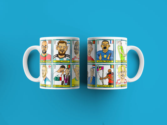 Qatar 2022 No Score Draws Mug Set - Set of TWO 11oz Ceramic Mugs with Wonky Panini sticker-style Doodles Of 24 Qatar 2022 Icons