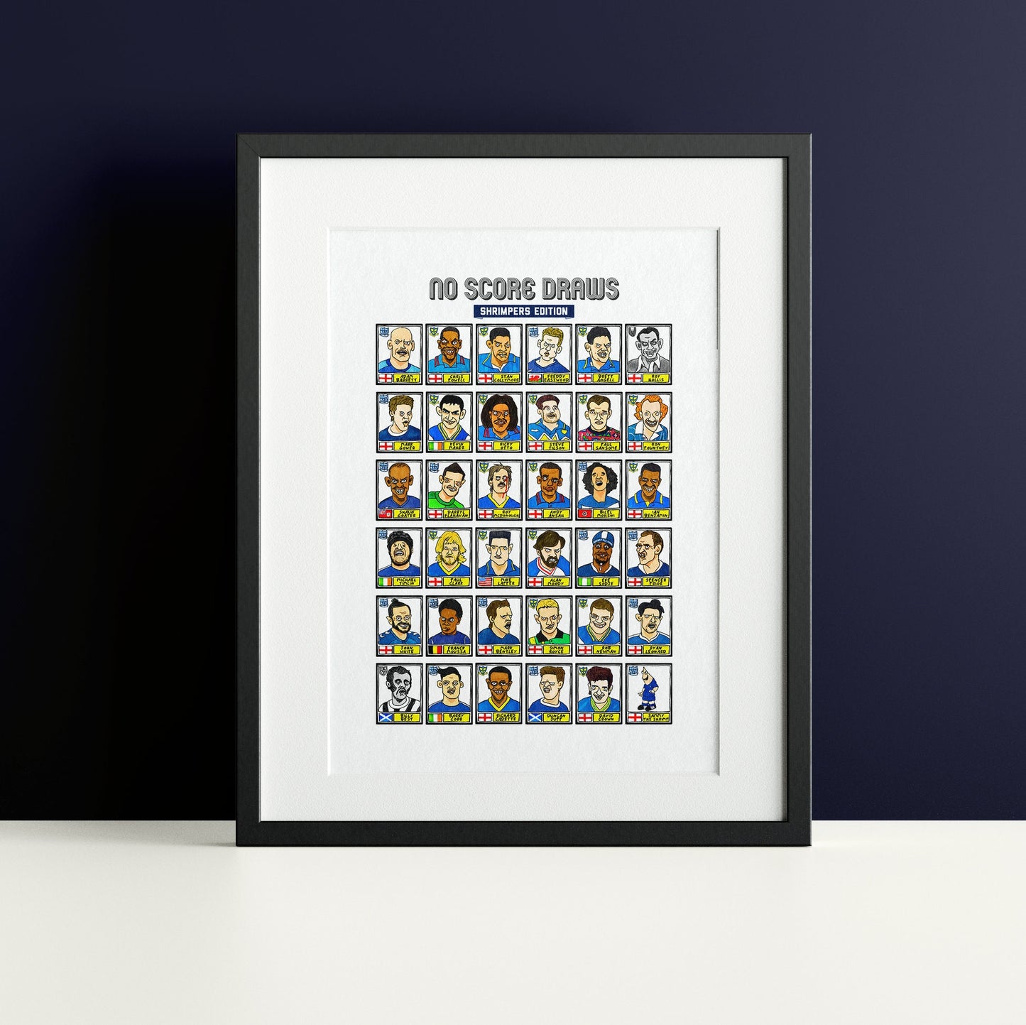 Southend United - No Score Draws Shrimpers Edition - A3 print of 36 hand-drawn Wonky Panini-sticker-style SUFC Icons - Wonky Football Art