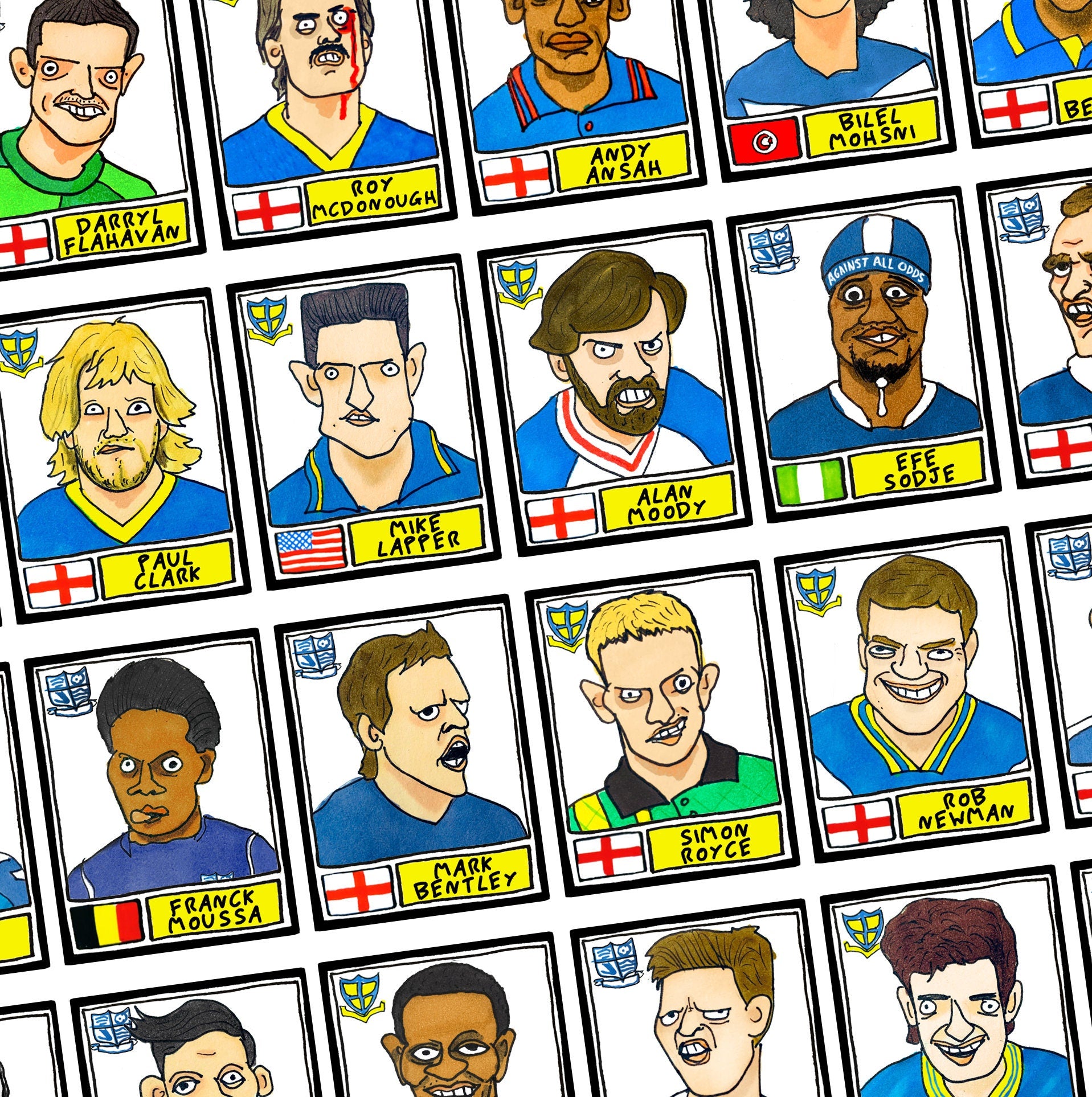 Southend United - No Score Draws Shrimpers Edition - A3 print of 36 hand-drawn Wonky Panini-sticker-style SUFC Icons - Wonky Football Art